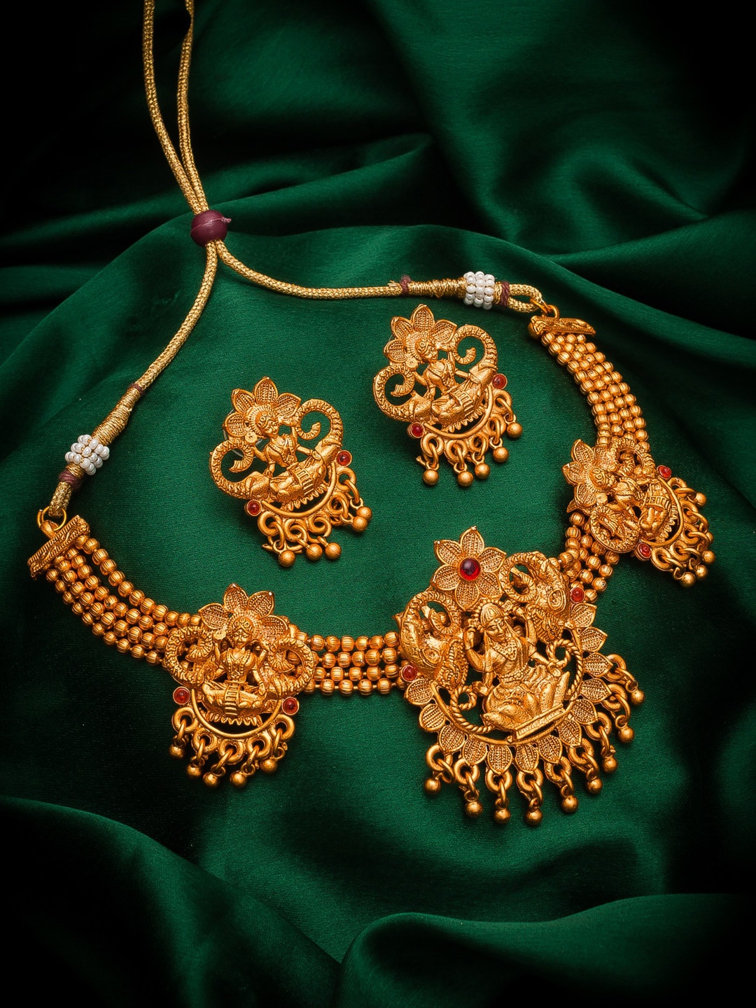 

aadita Gold-Plated Pink Ruby-Studded & Beaded Temple Jewellery Set