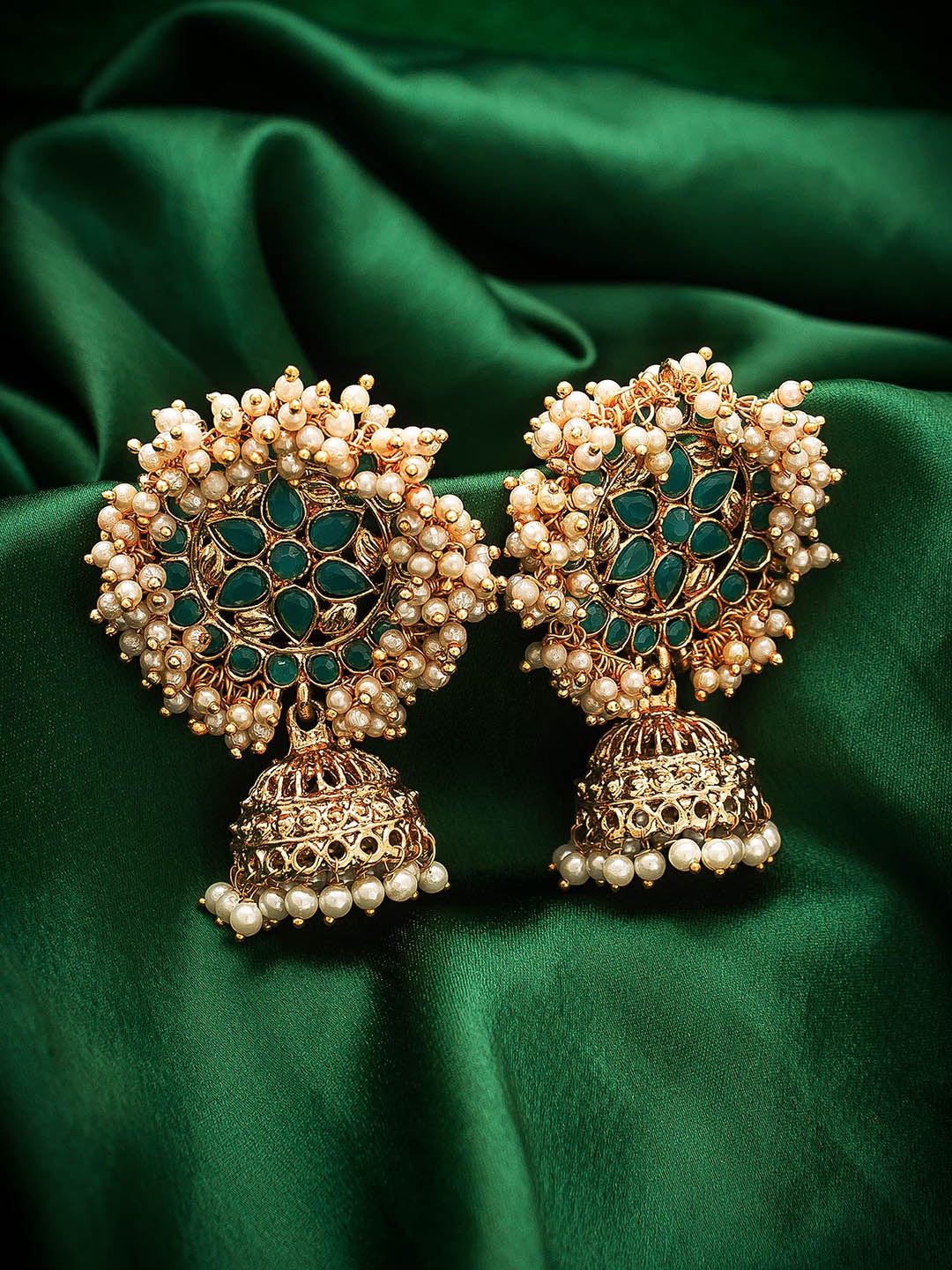 

aadita Gold & Green Contemporary Jhumkas Earrings