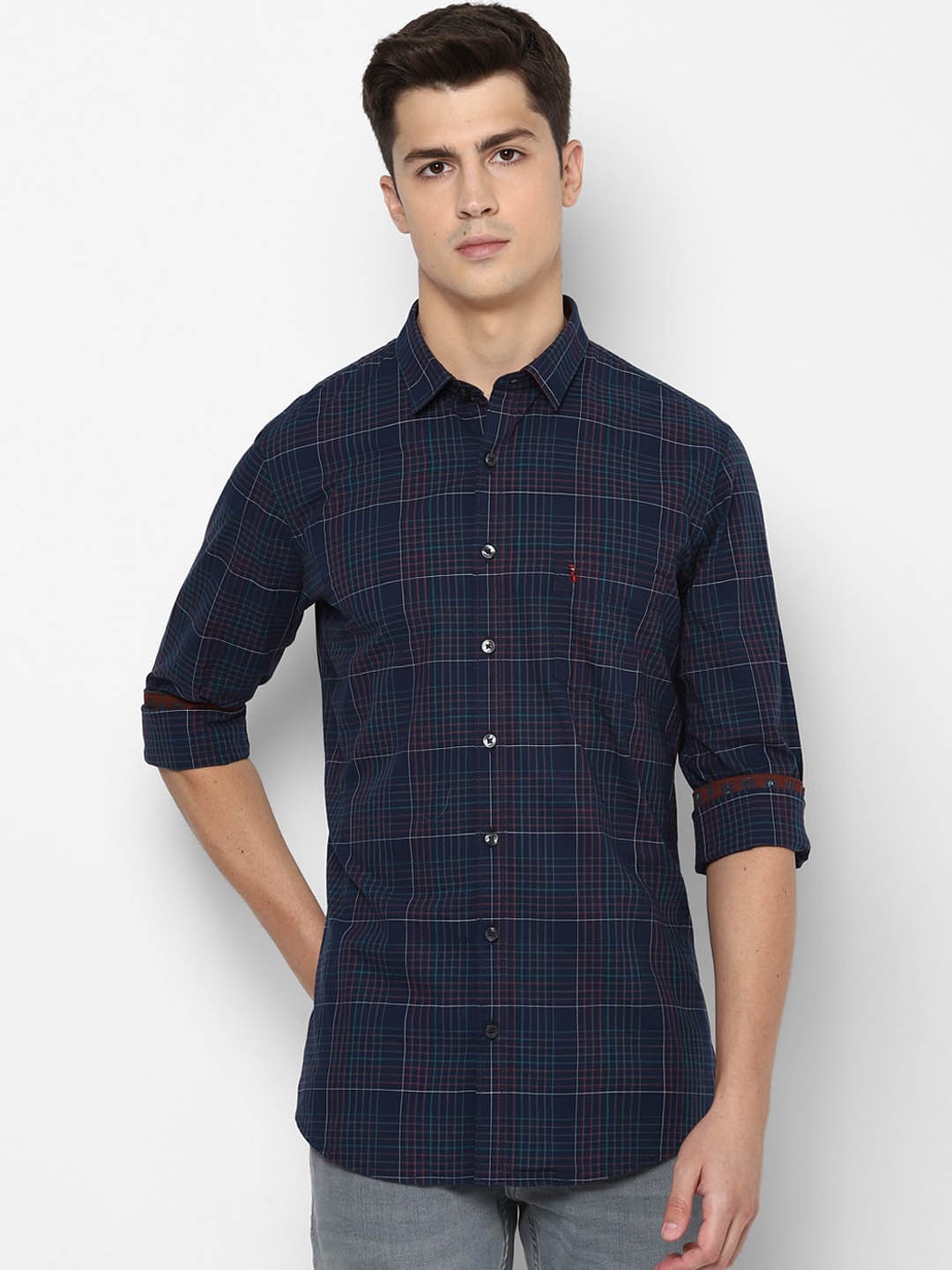 

SIMON CARTER LONDON Men Navy Blue & Red Checked Regular Fit Casual Shirt