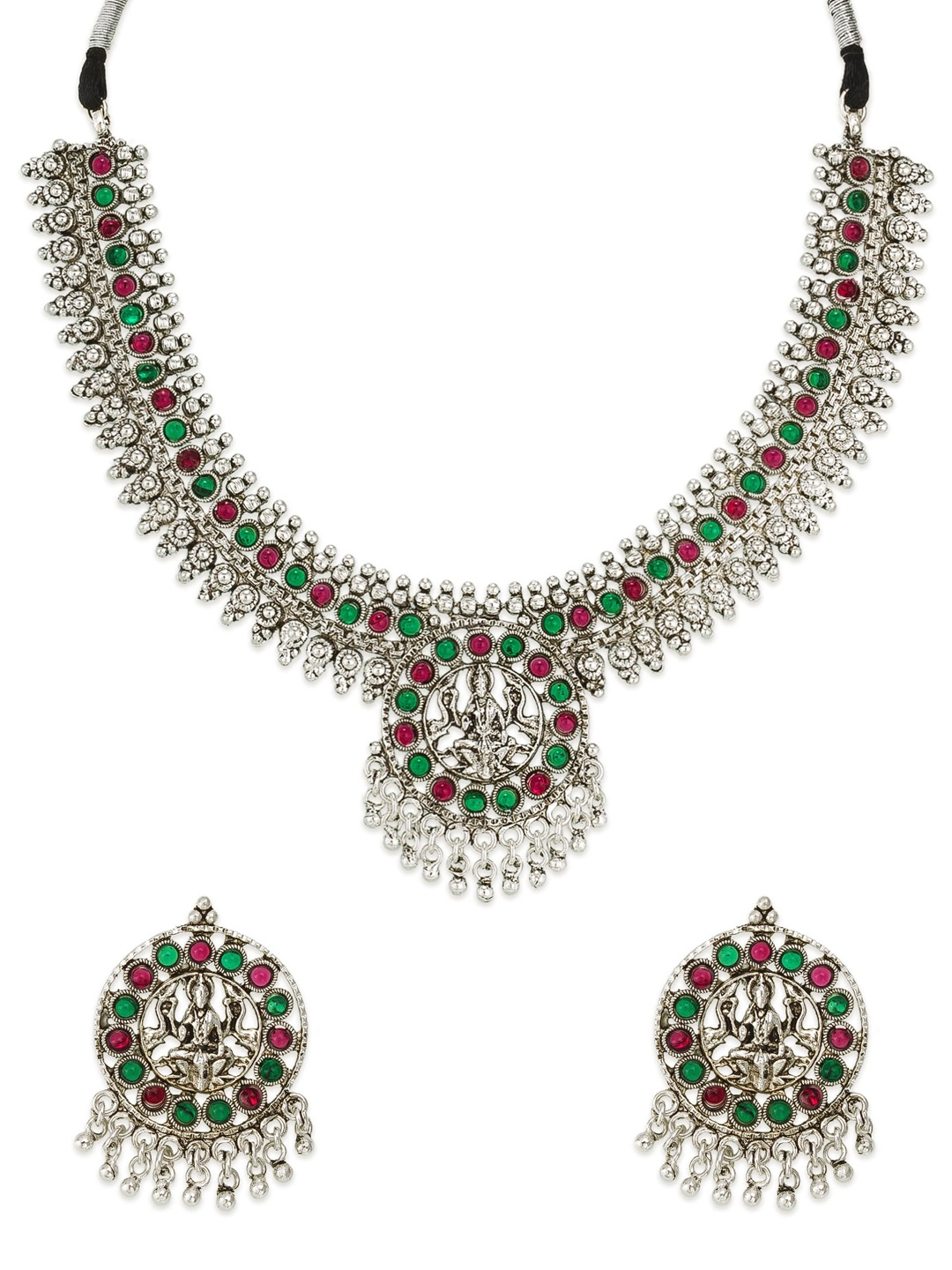 

aadita Oxidised Silver-Toned & Pink Stone-Studded & Beaded Temple Jewellery Set