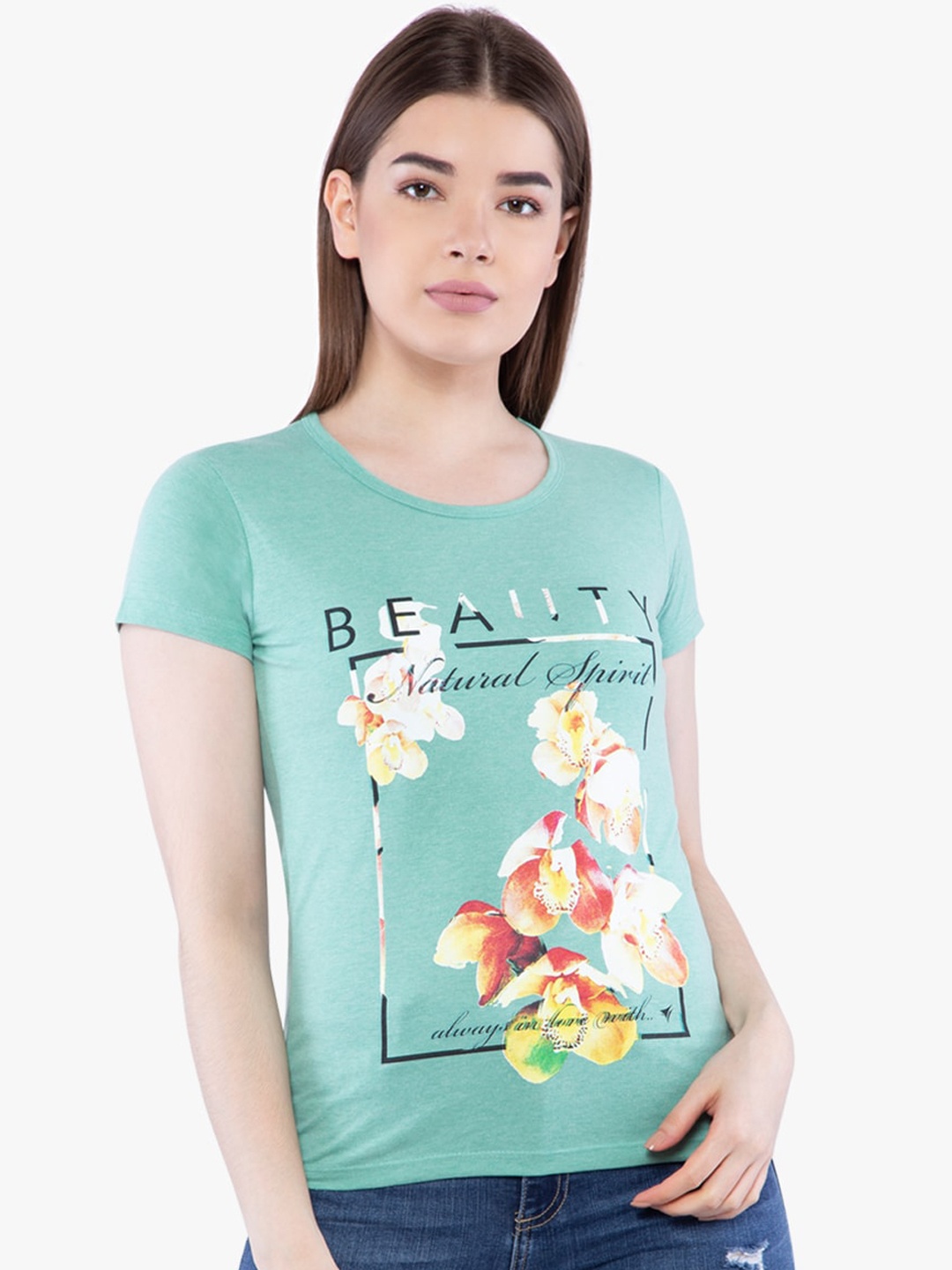 

NEVA Green Floral Cotton Regular Top