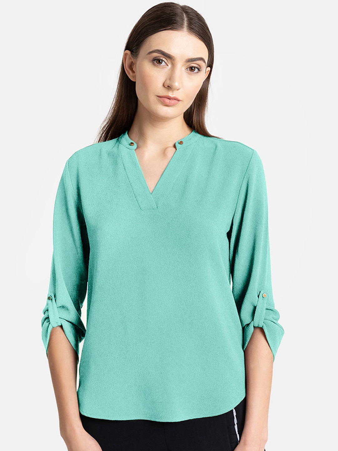 

Kazo Sea Green Mandarin Collar Regular Top