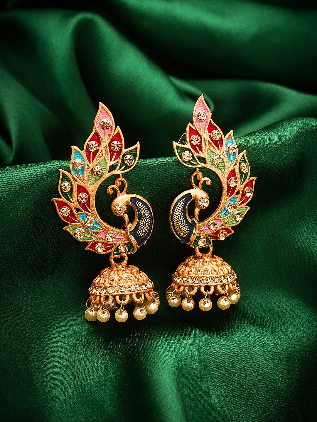 

aadita Gold-Plated Peacock Shaped Jhumkas