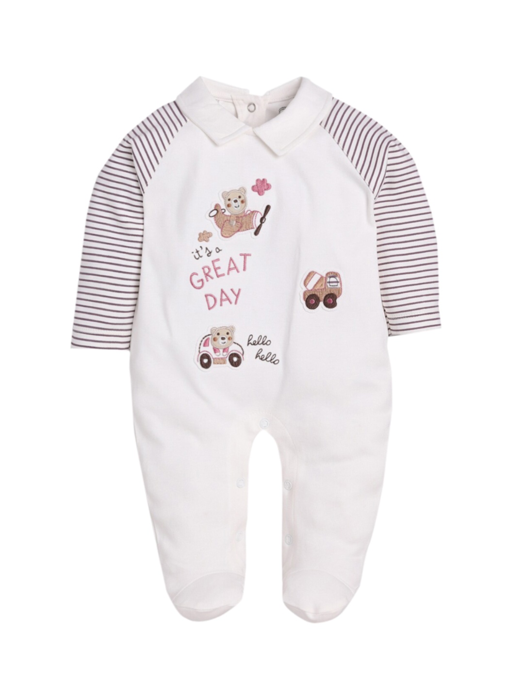 

BABY GO Boys White & Brown Printed Cotton Rompers