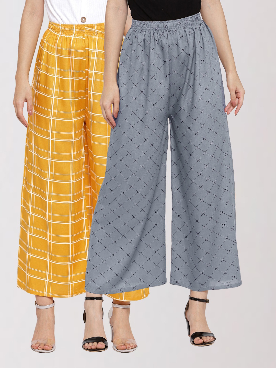 

KLOTTHE Women Grey & Yellow Pack of 2 Checked Palazzos
