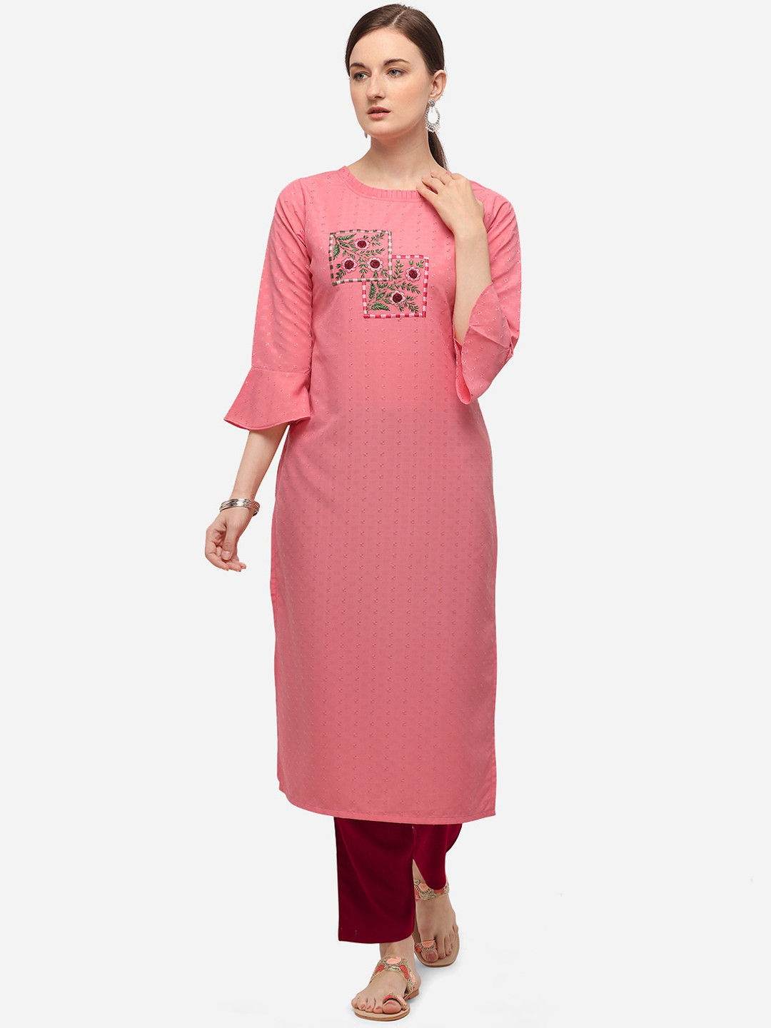 

SheWill Women Pink Floral Embroidered Thread Work Kurta with Trousers