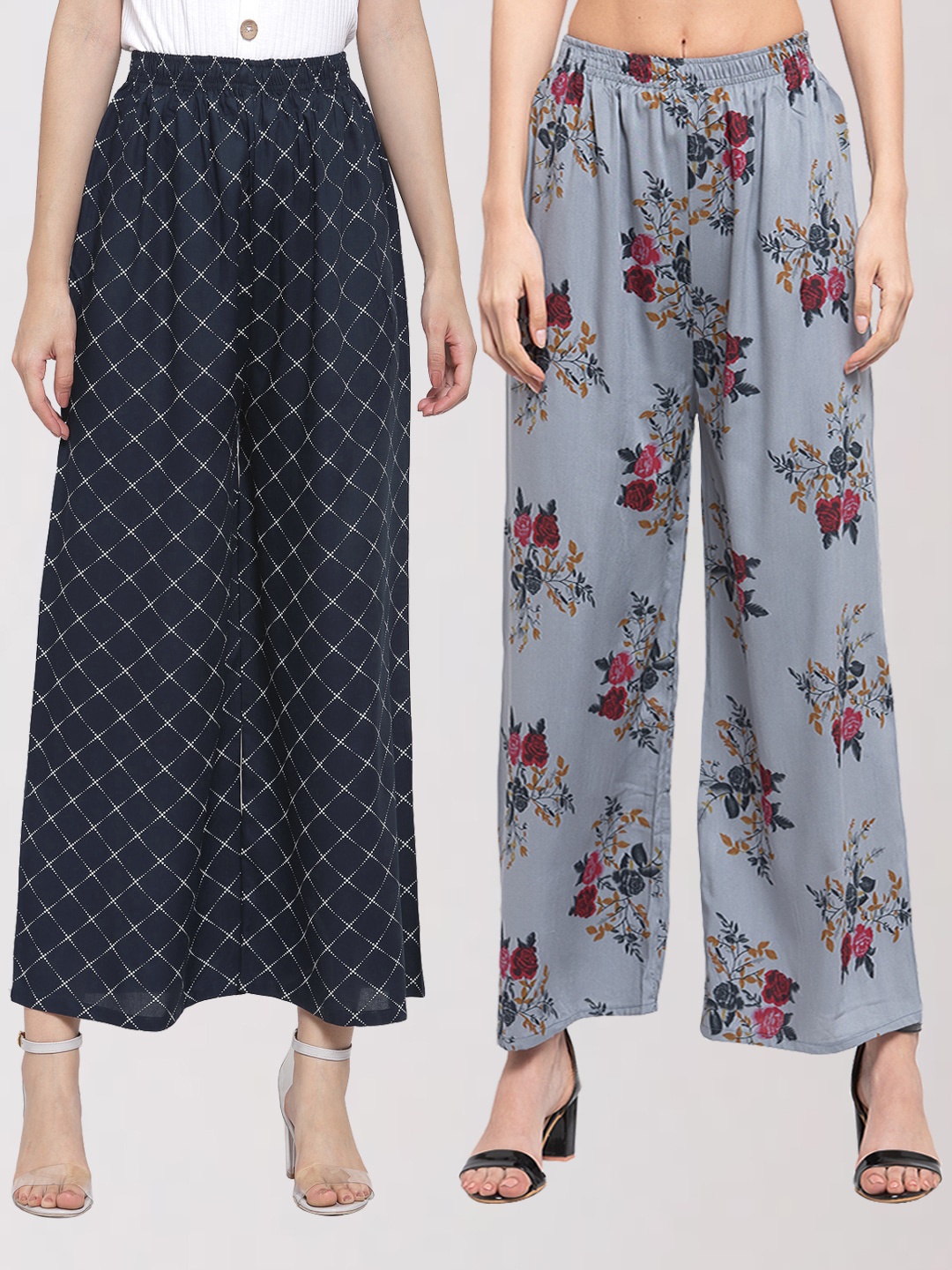 

KLOTTHE Women Set of 2 Printed Wide Leg Palazzos, Grey