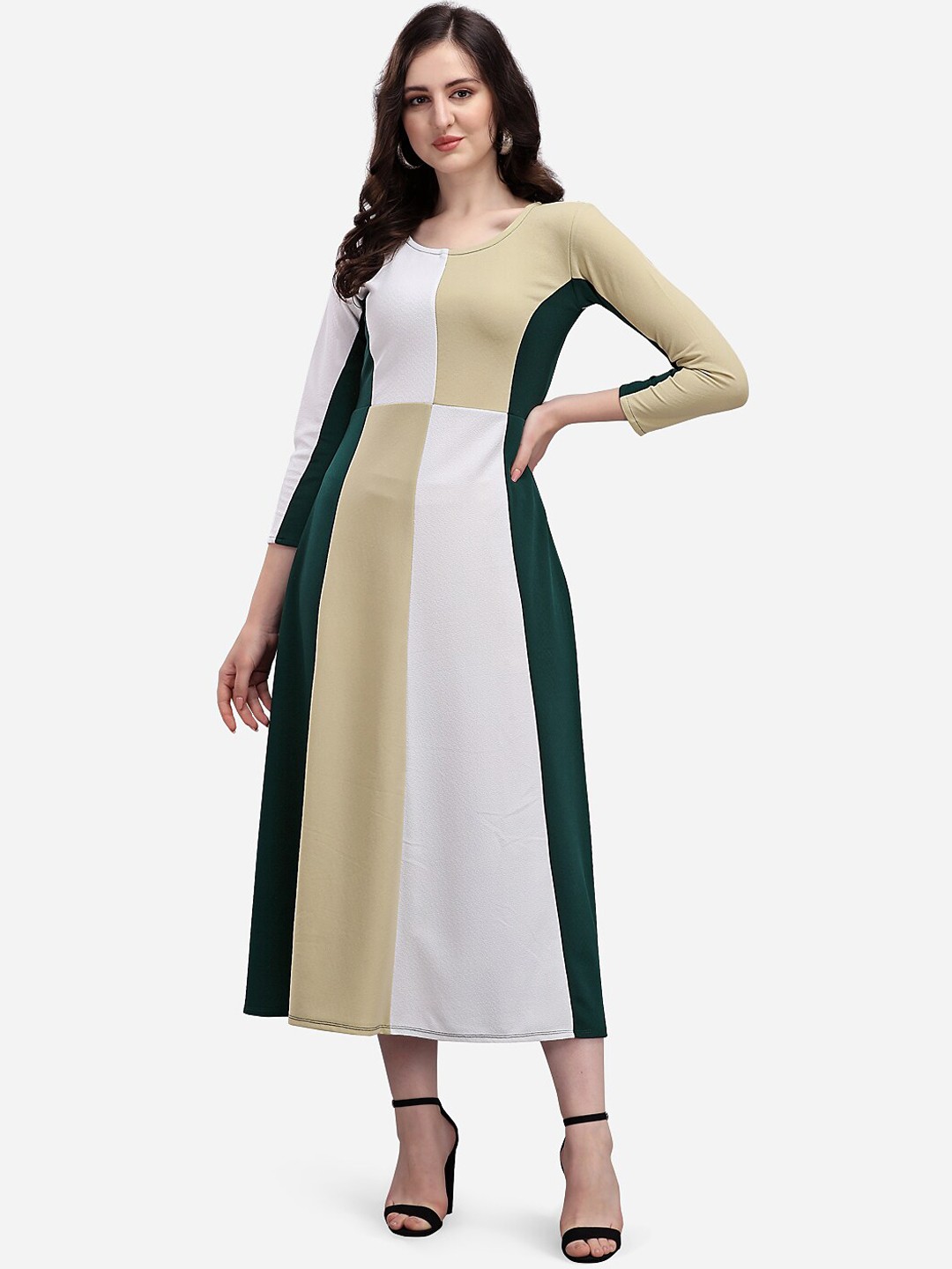 

PURVAJA Olive Green Colourblocked A-Line Midi Dress