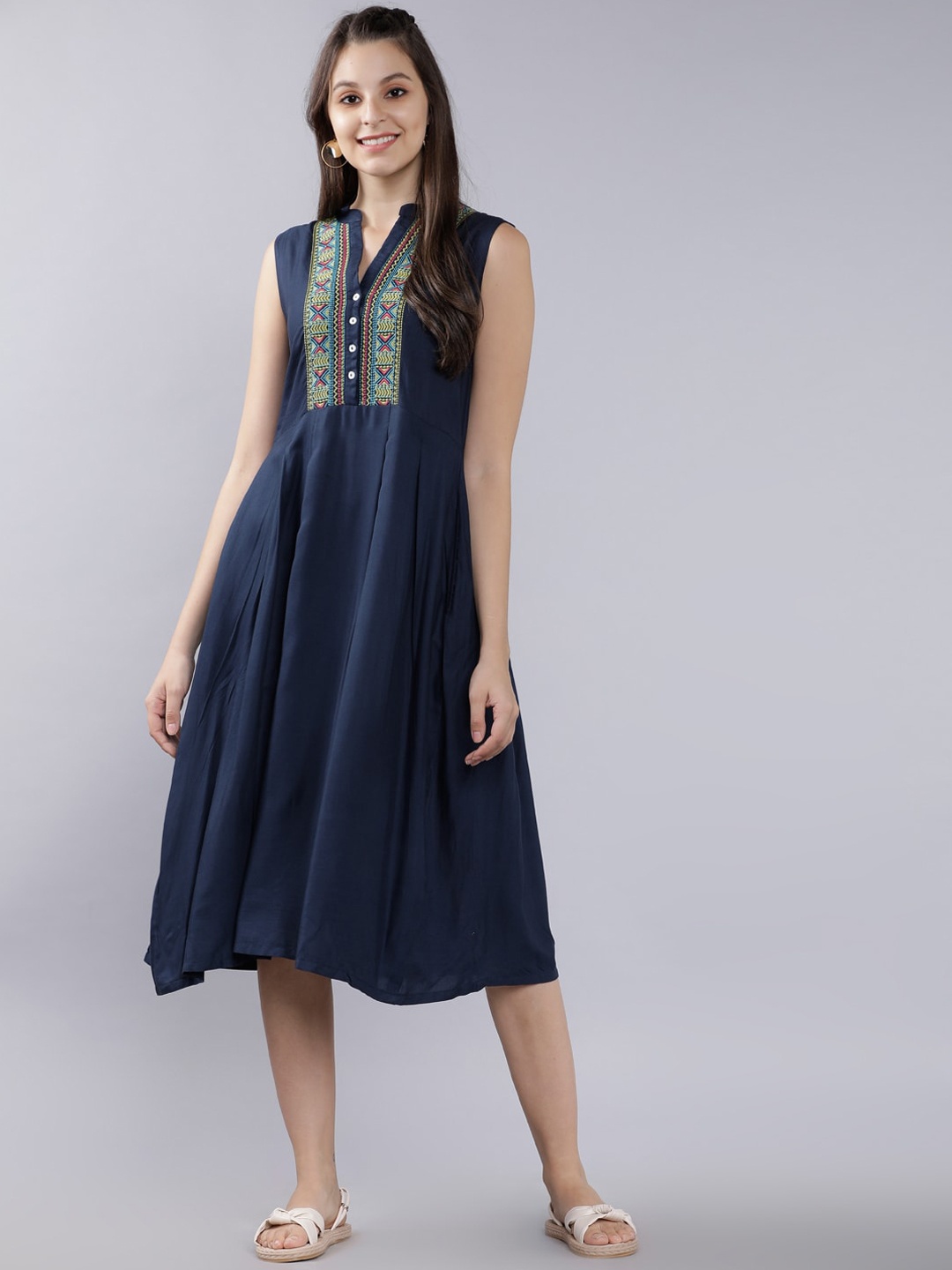 

Vishudh Navy Blue Ethnic Motifs Print Midi Dress