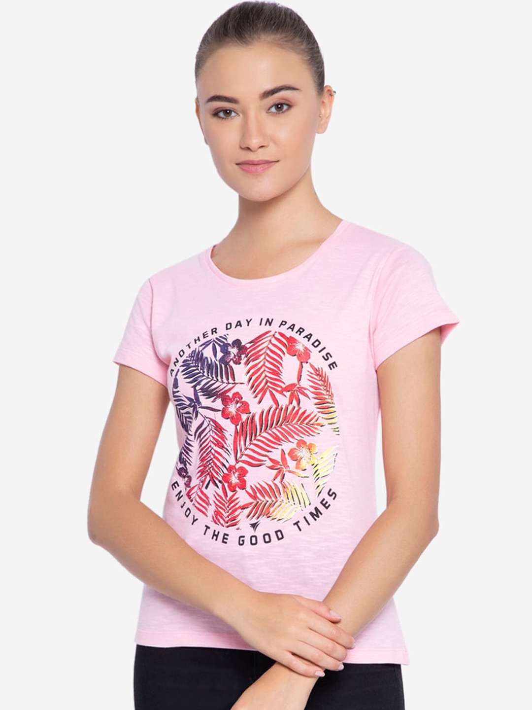 

NEVA Pink Printed Cotton Regular Top