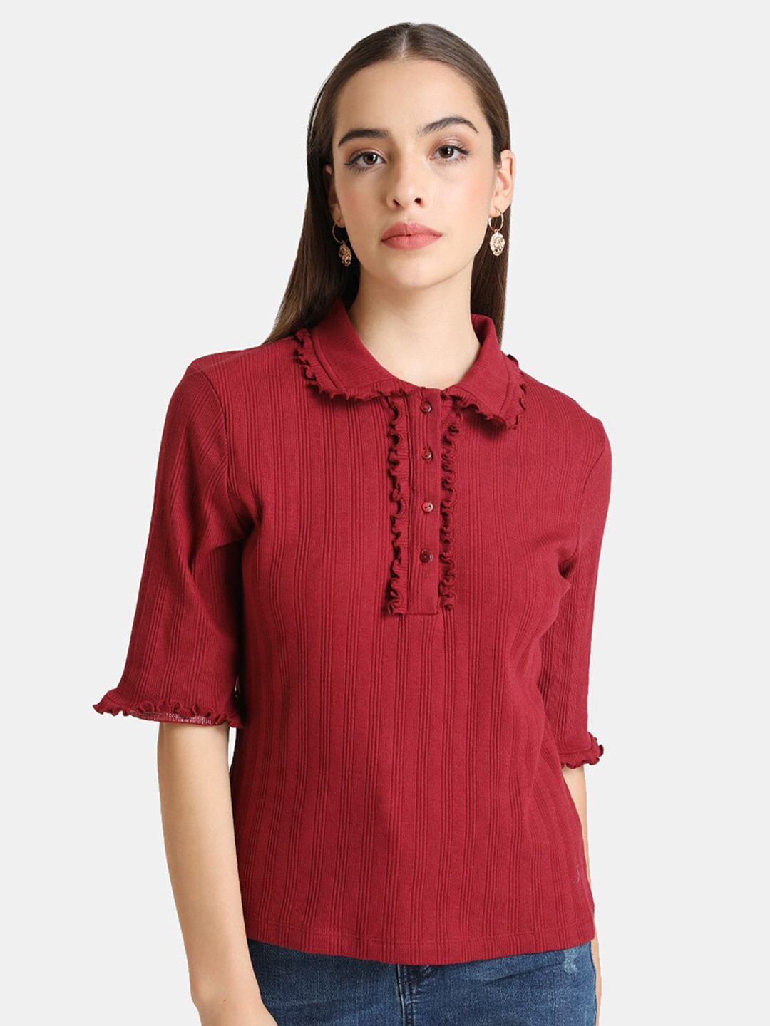 

Kazo Women Maroon Striped Polo Collar T-shirt with Ruffles