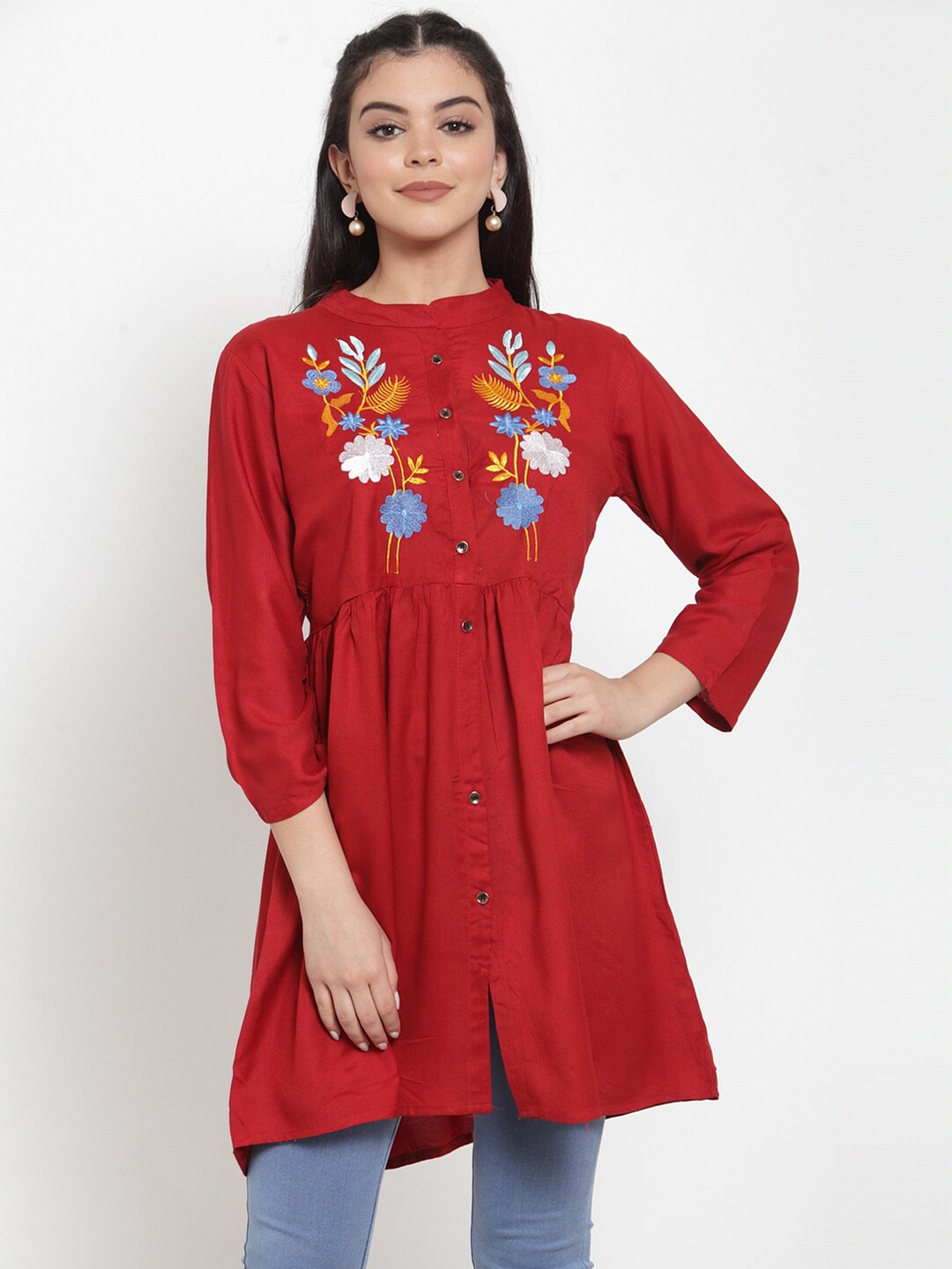 

Miaz Lifestyle Maroon Viscose Rayon Mandarin Collar Embroidered Tunic