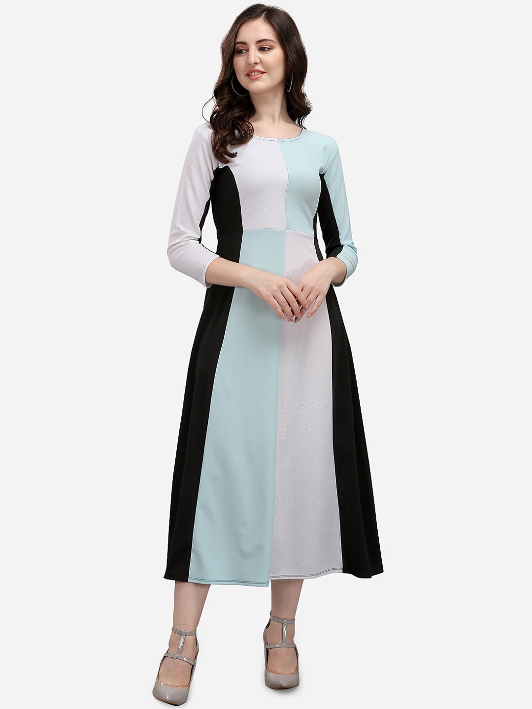 

PURVAJA Blue & White Colourblocked A-Line Midi Dress