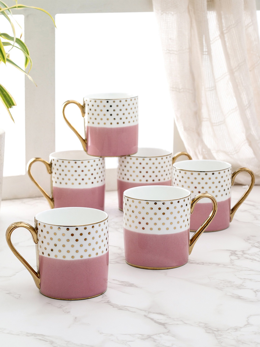 

CLAY CRAFT White & Pink Set of 6 Printed Ceramic Cups
