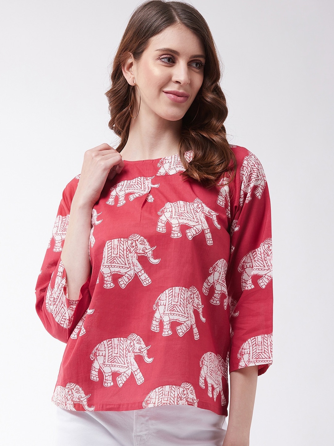 

InWeave Red Elephant Printed Cotton Regular Top