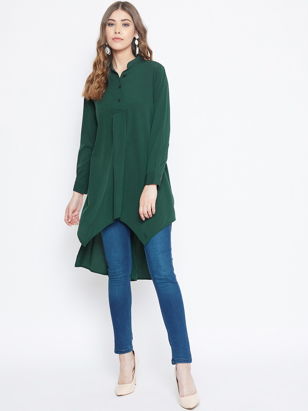 

Berrylush Green Mandarin Collar Crepe High-Low Longline Top