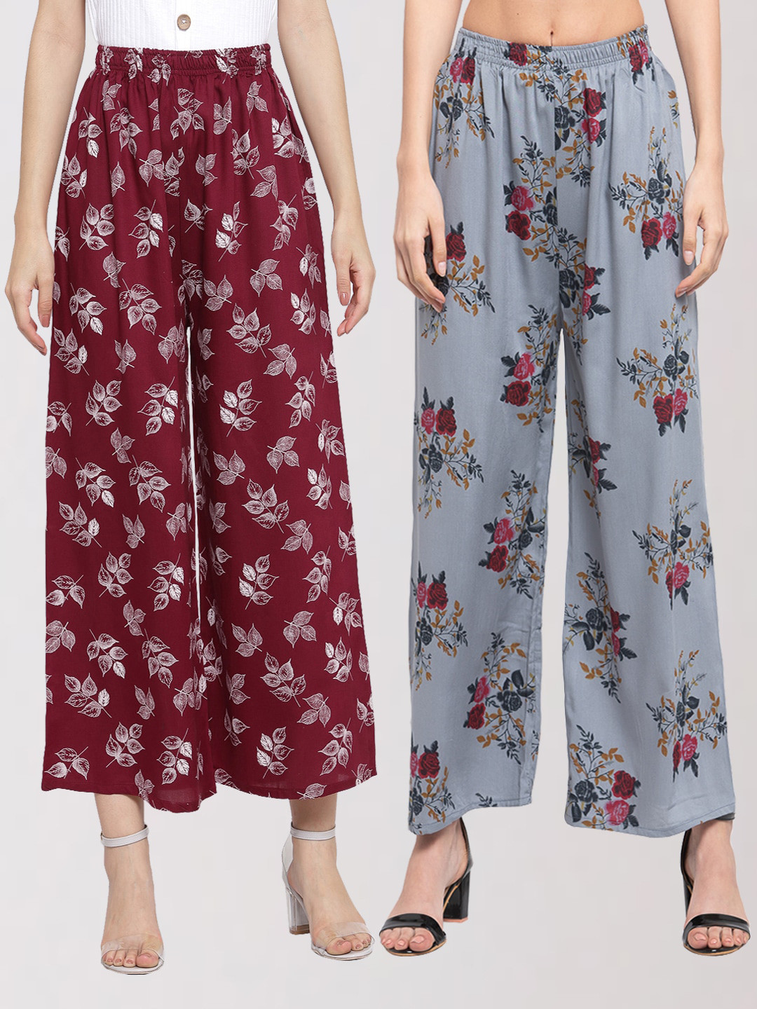 

KLOTTHE Women Pack Of 2 Maroon & Grey Floral Printed Palazzos