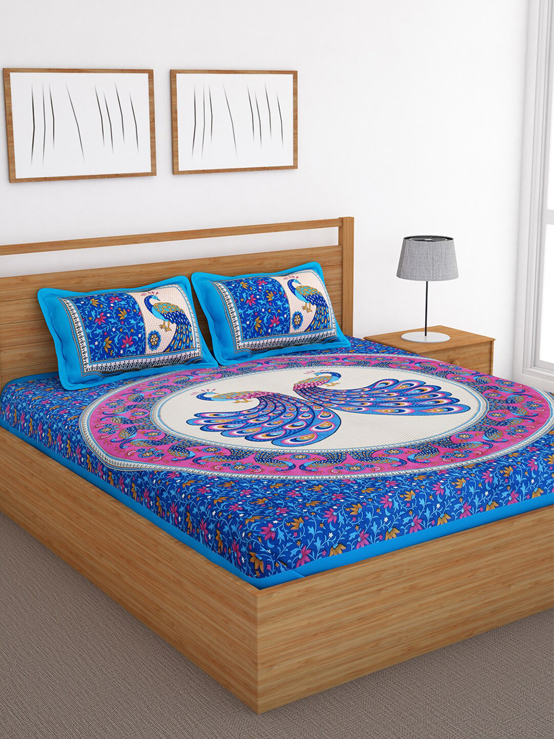 

Bedspun Blue & Pink Ethnic Motifs 120 TC Cotton 1 Queen Bedsheet with 2 Pillow Covers