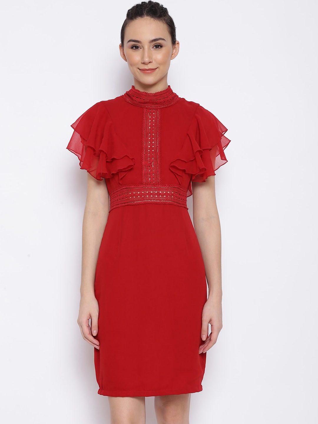 

MARC LOUIS Maroon Floral Georgette Sheath Dress