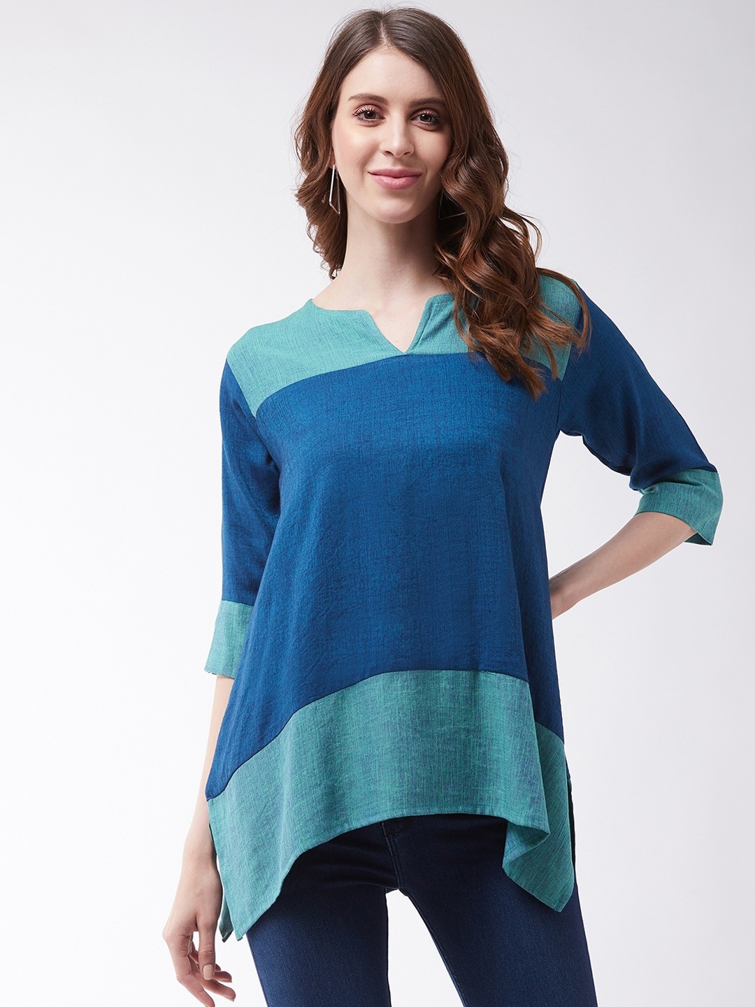 

InWeave Women Blue Colourblocked Pure Cotton A-Line Top