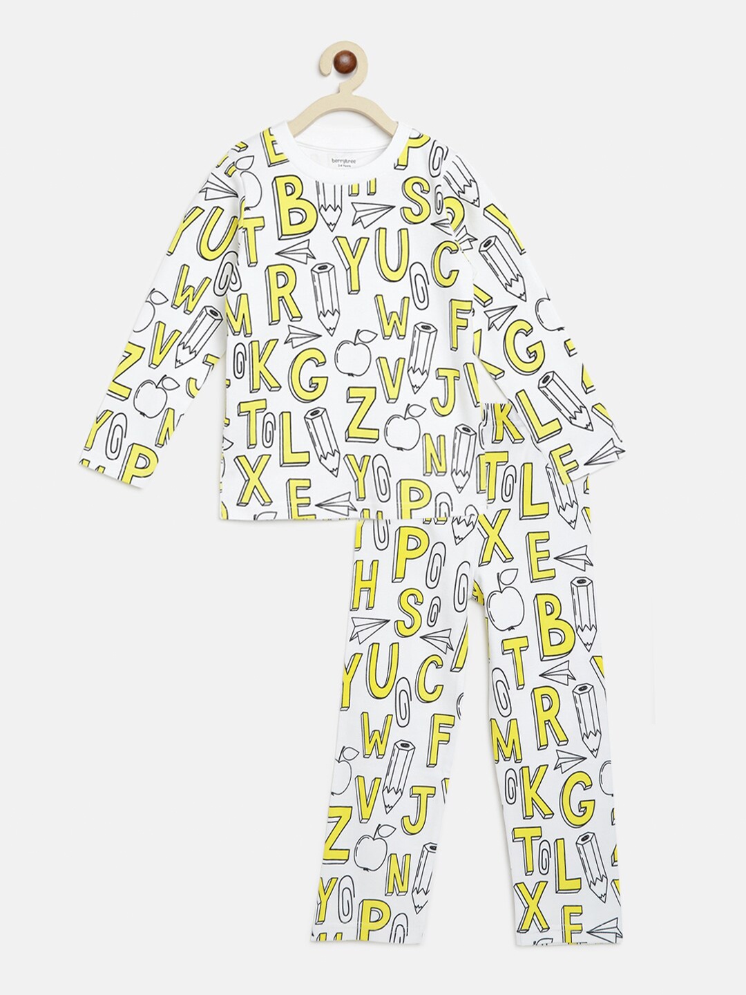 

berrytree Unisex Kids White & Yellow Printed Organic Cotton Night suit