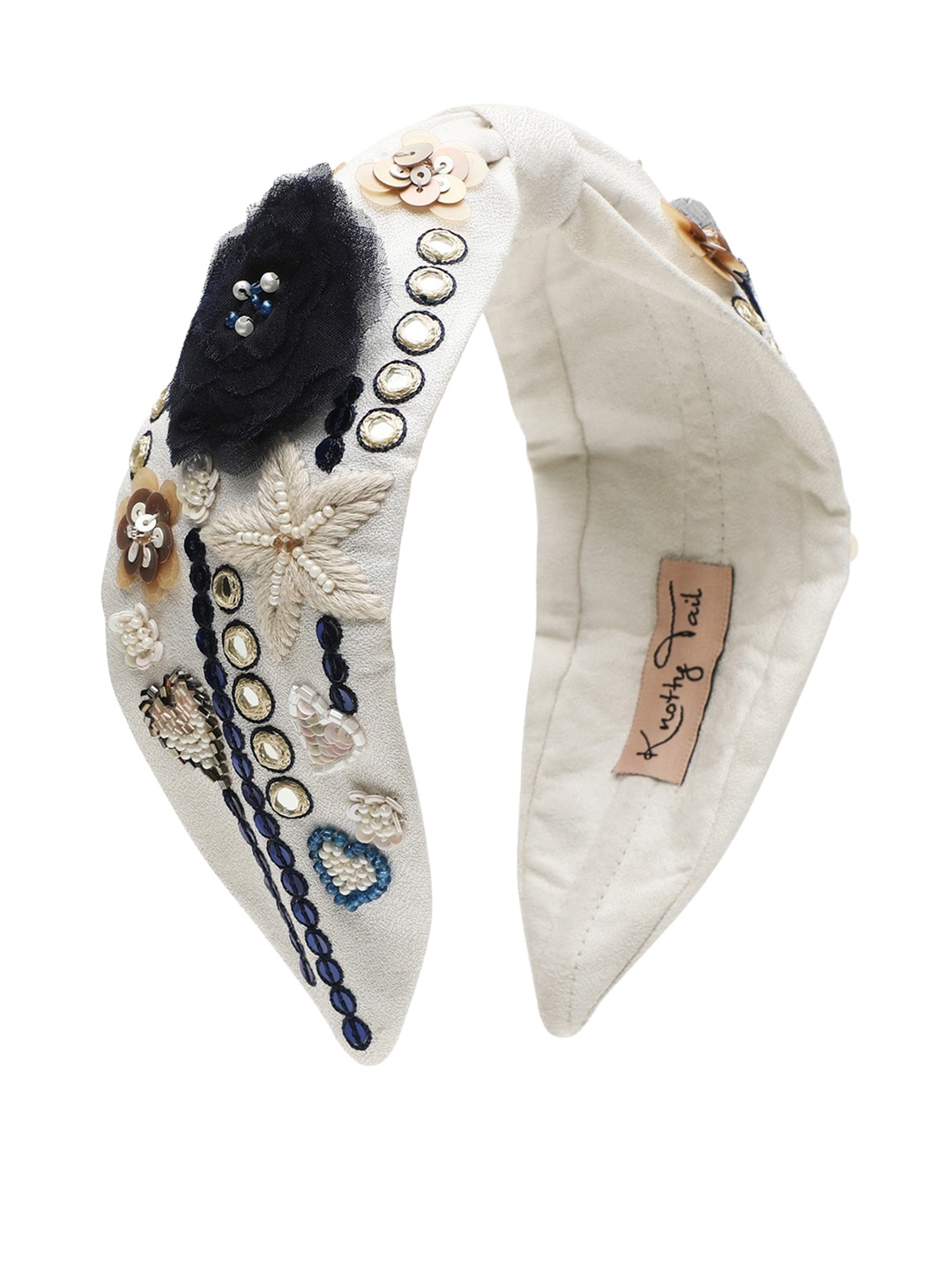 

Knotty Tail Women's Matte Finish Georgette Handmade Hair Head Band, Cream