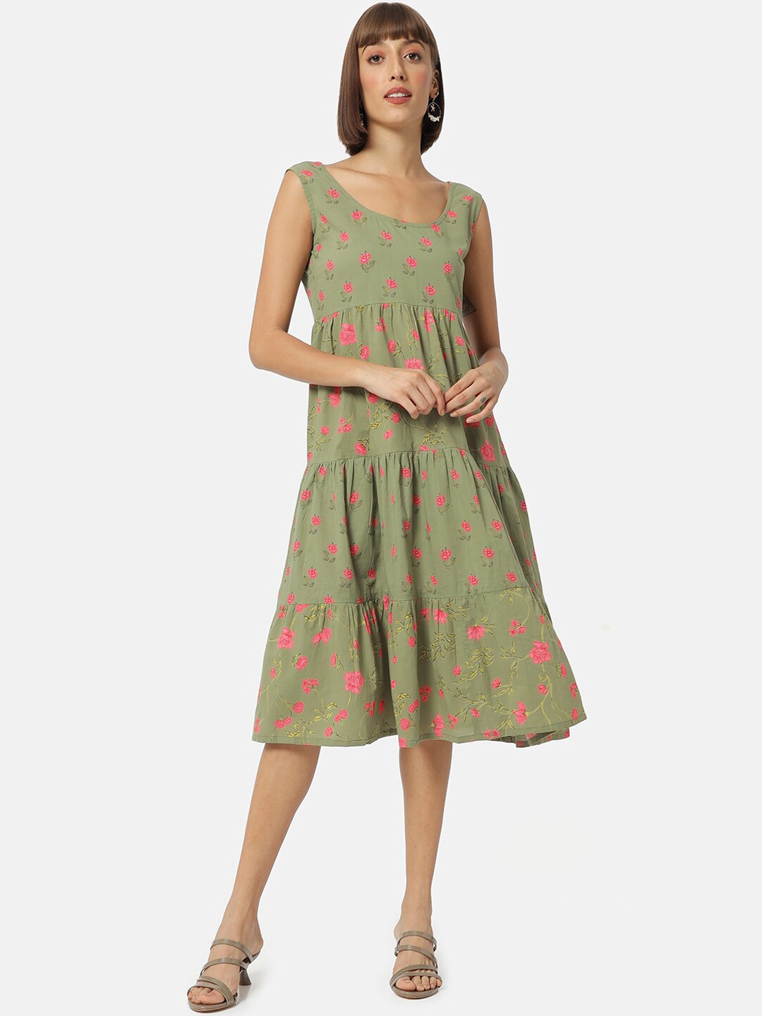 

Saaki Olive Green Floral A-Line Dress