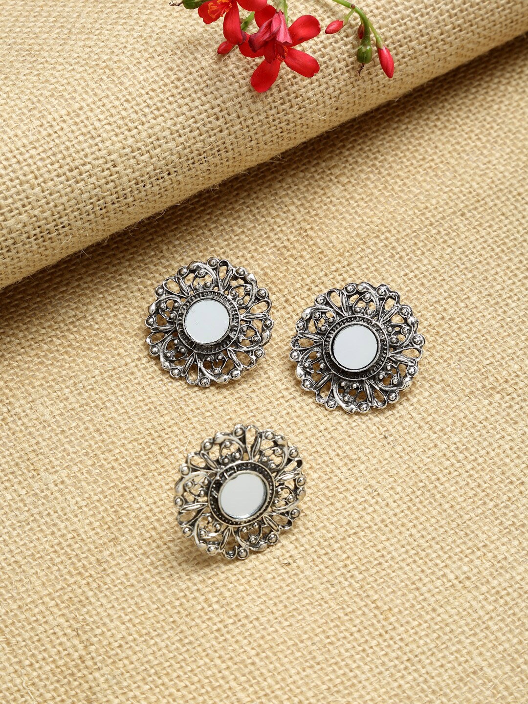 

NEUDIS Oxidised Silver-Plated Silver-Toned Earrings & Finger Ring Jewellery Set