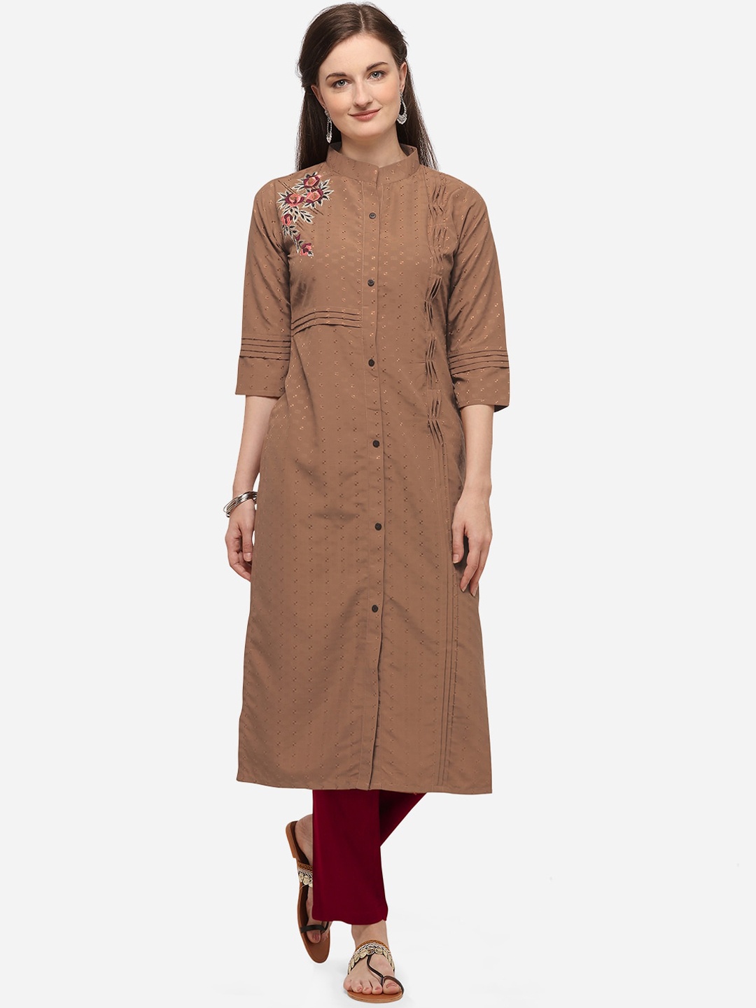 

SheWill Women Brown Floral Embroidered Thread Work Kurta with Trousers