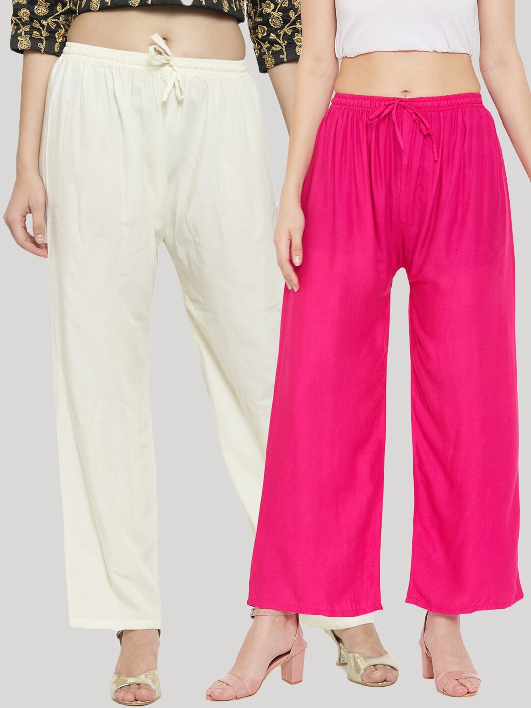 Clora Creation Women Pack Of 2 Magenta & Cream Knitted Palazzos