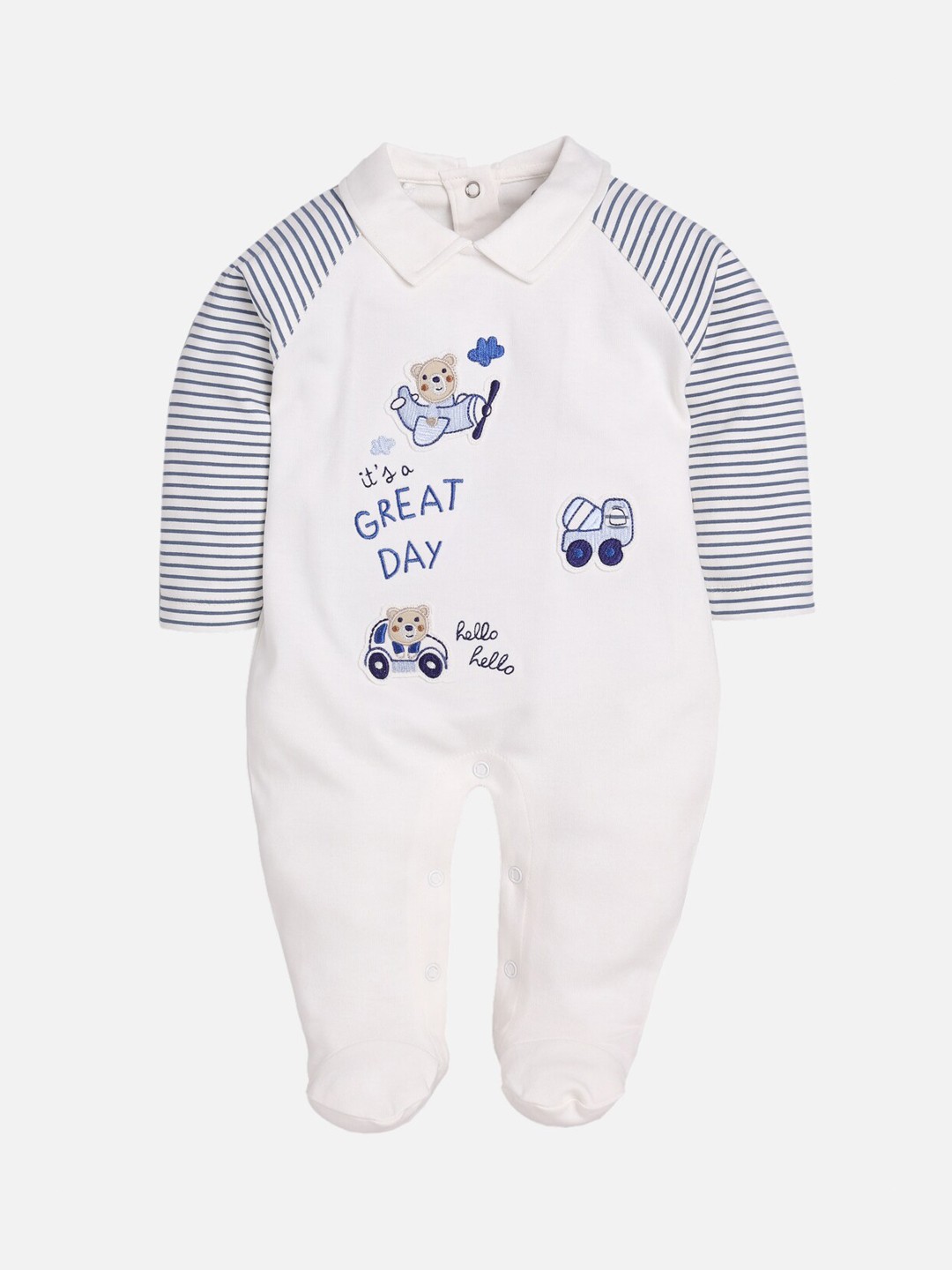 

BABY GO Infants White & Blue Printed Cotton Rompers