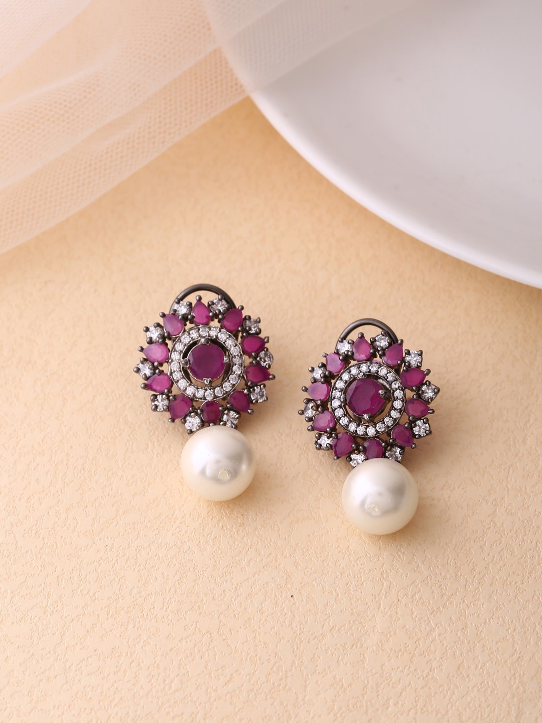 

Shoshaa Silver-Plated & Pink Oxidised Drop Earrings