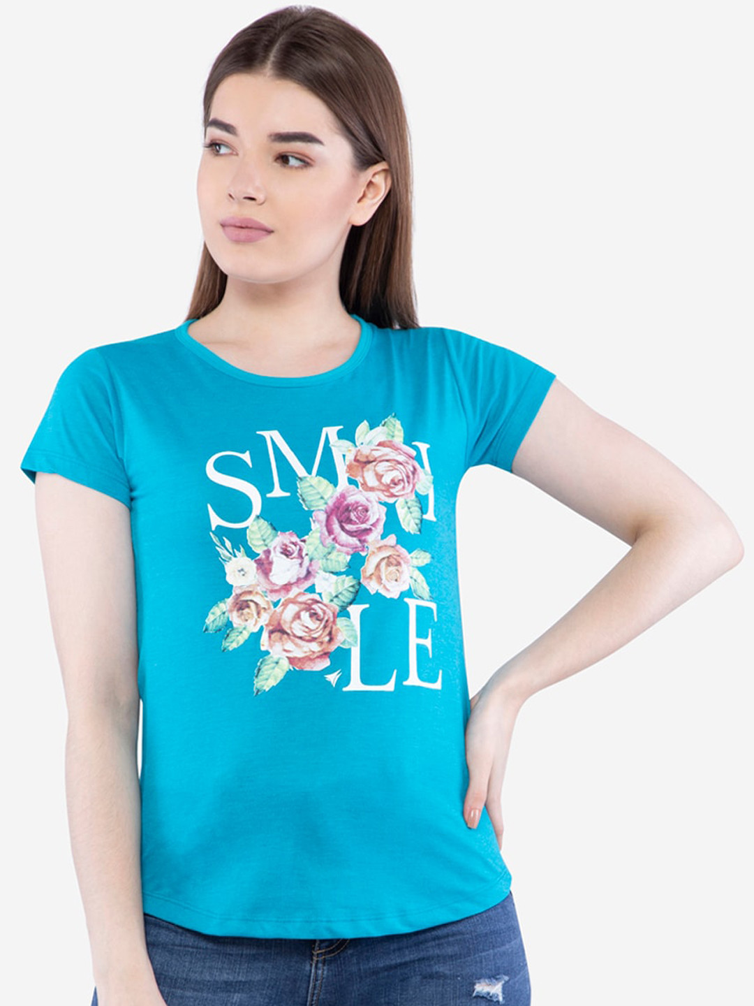 

NEVA Blue Cotton Floral Regular Top