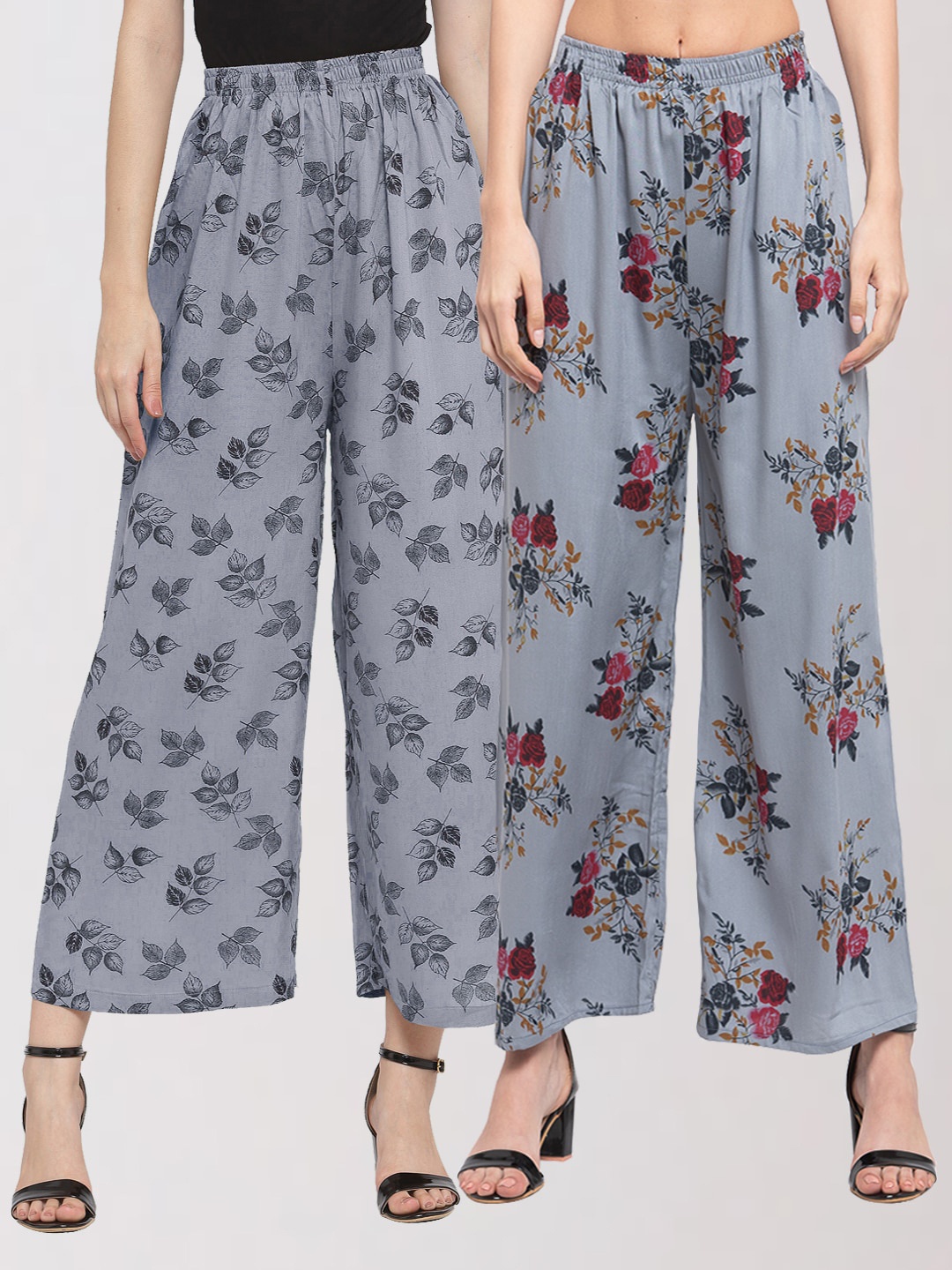 

KLOTTHE Women Set of 2 Grey & Red Floral Printed Palazzos