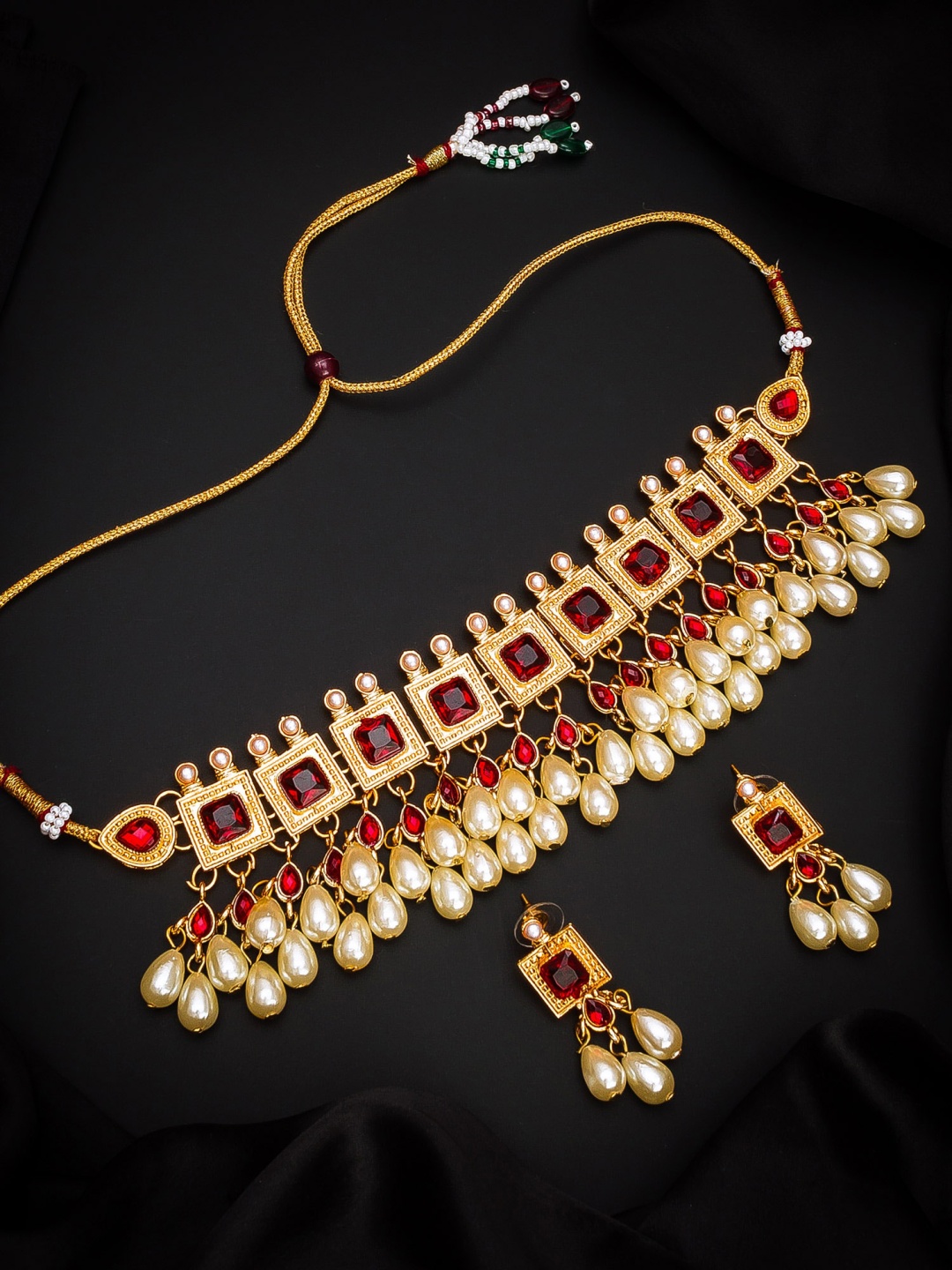 aadita Gold-Plated Red & Off-White Stone-Studded & Beaded Jewellery Set
