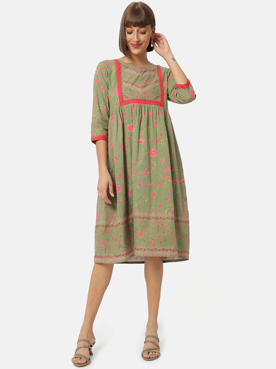 

Saaki Olive & Pink Floral Cotton A-Line Dress