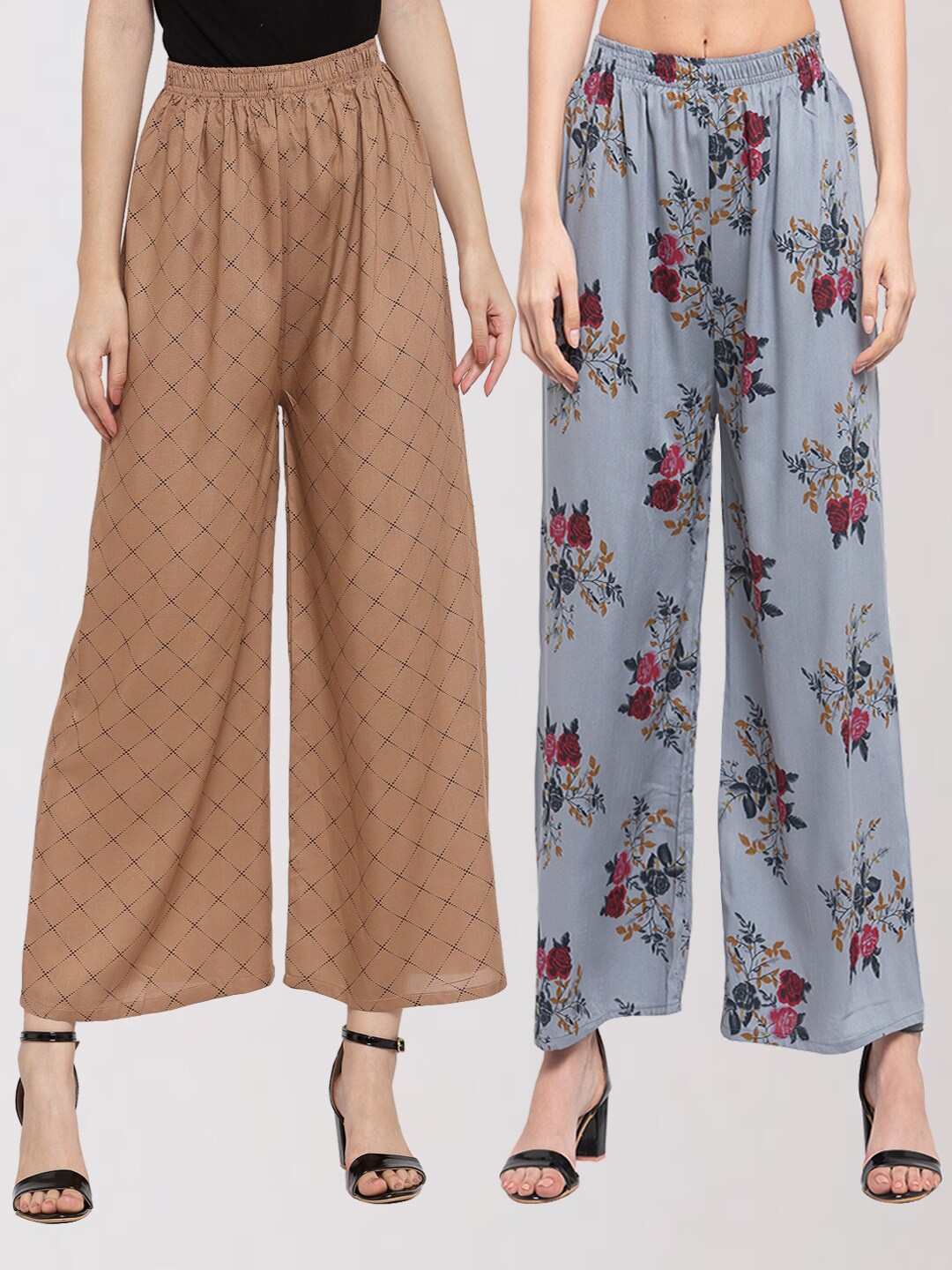 

KLOTTHE Women Set of 2 Brown & Grey Floral Printed Palazzos