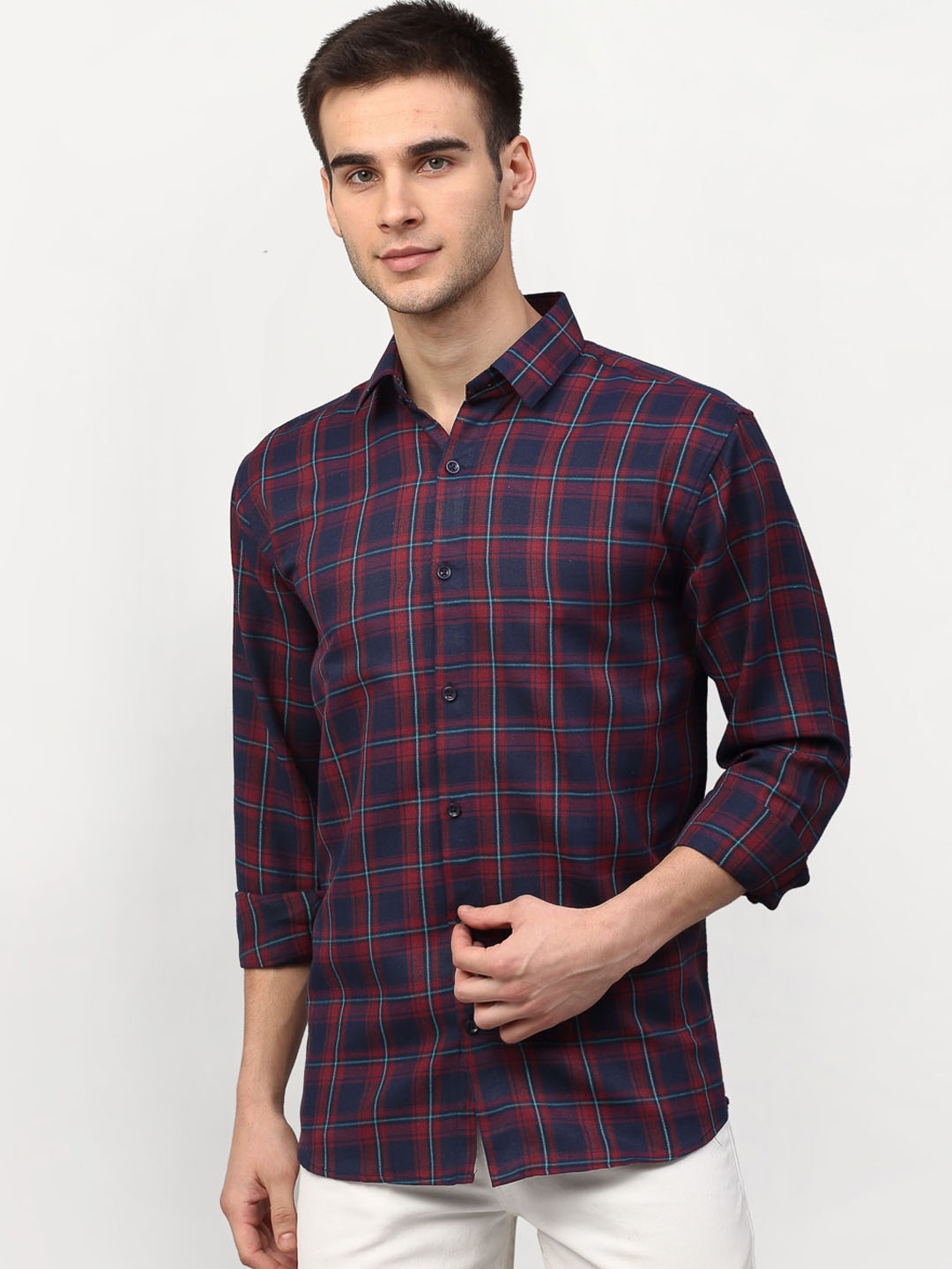 

JAINISH Men Red & Navy Blue Checkedc Regular Fit Casual Shirt