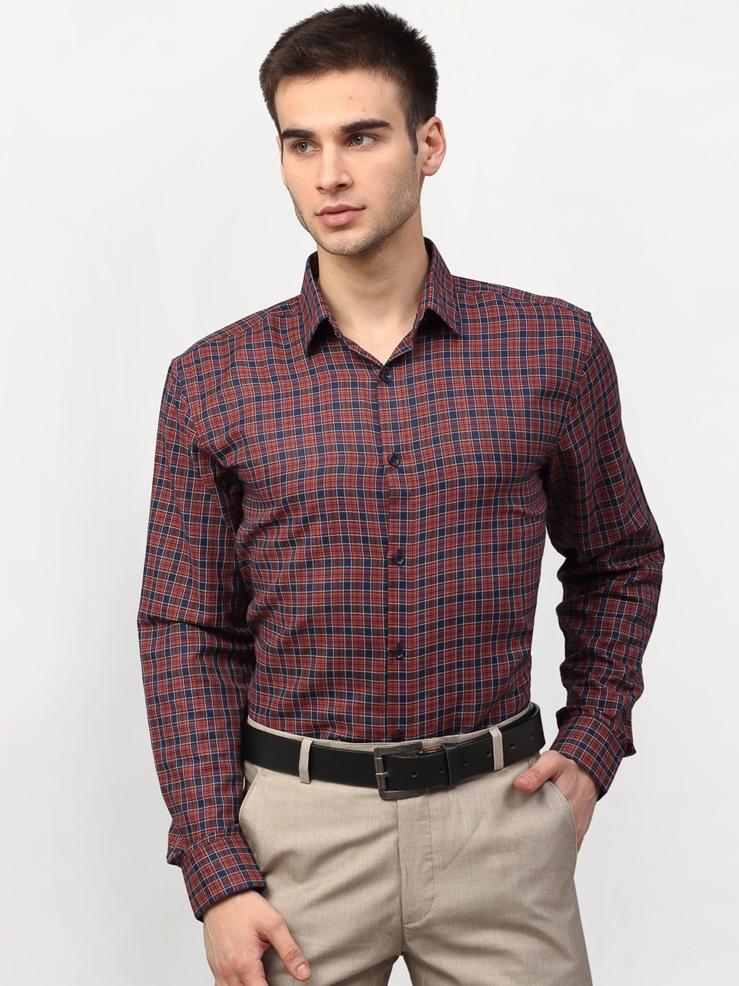 

JAINISH Men Maroon & Navy BlueChecked Regular Fit Formal Shirt
