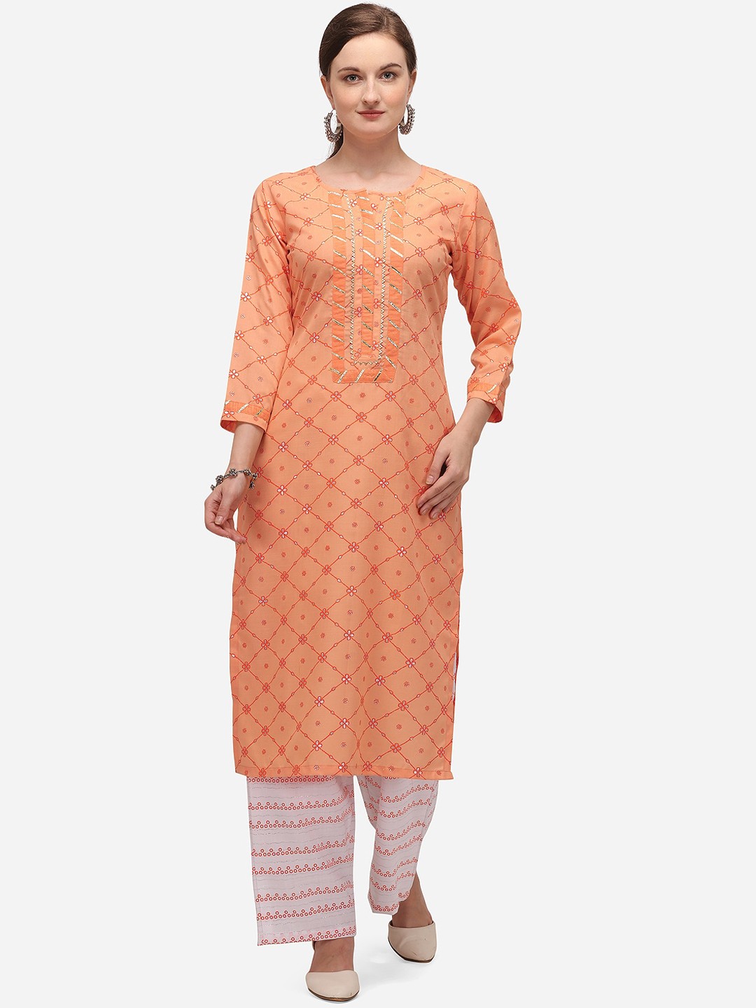 

SheWill Women Orange Ethnic Motifs Printed Gotta Patti Kurta with Palazzos