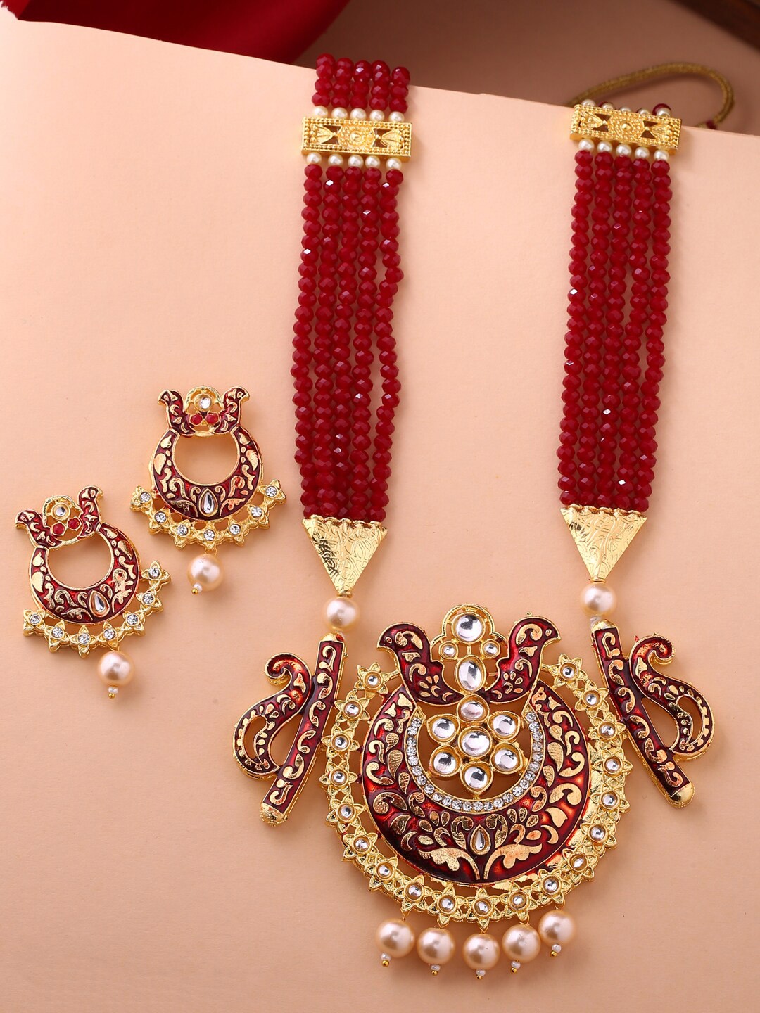 

Shoshaa Gold-Plated Red & Beige Stone-Studded & Beaded Handcrafted Jewellery Set