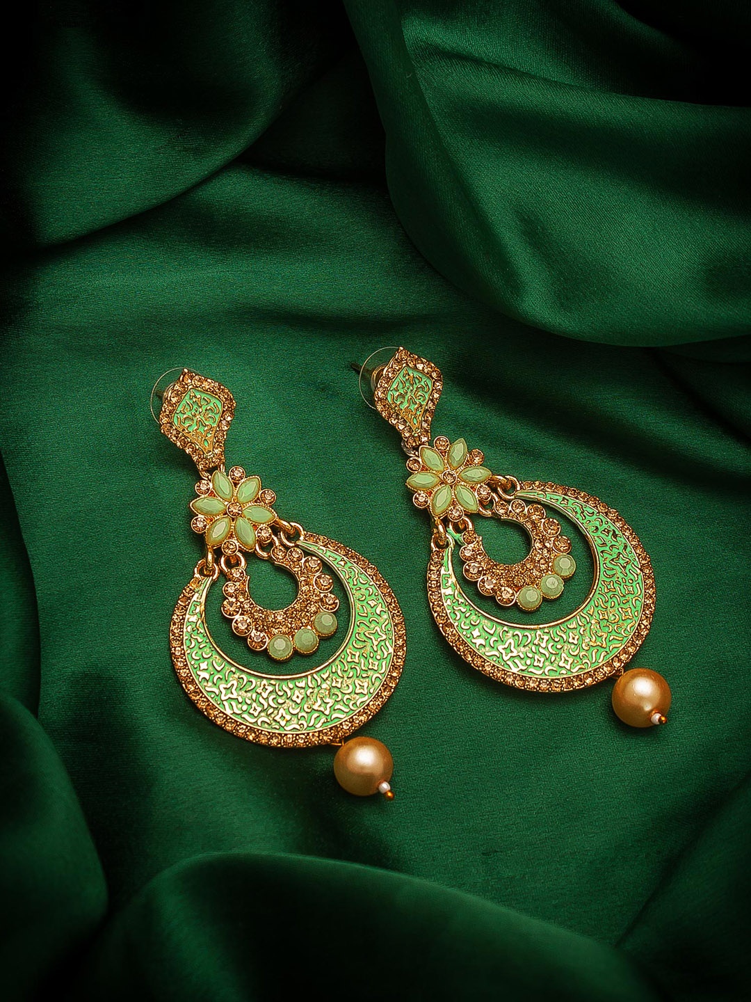 

aadita Green Gold-Plated Hand Painted Contemporary Chandbalis