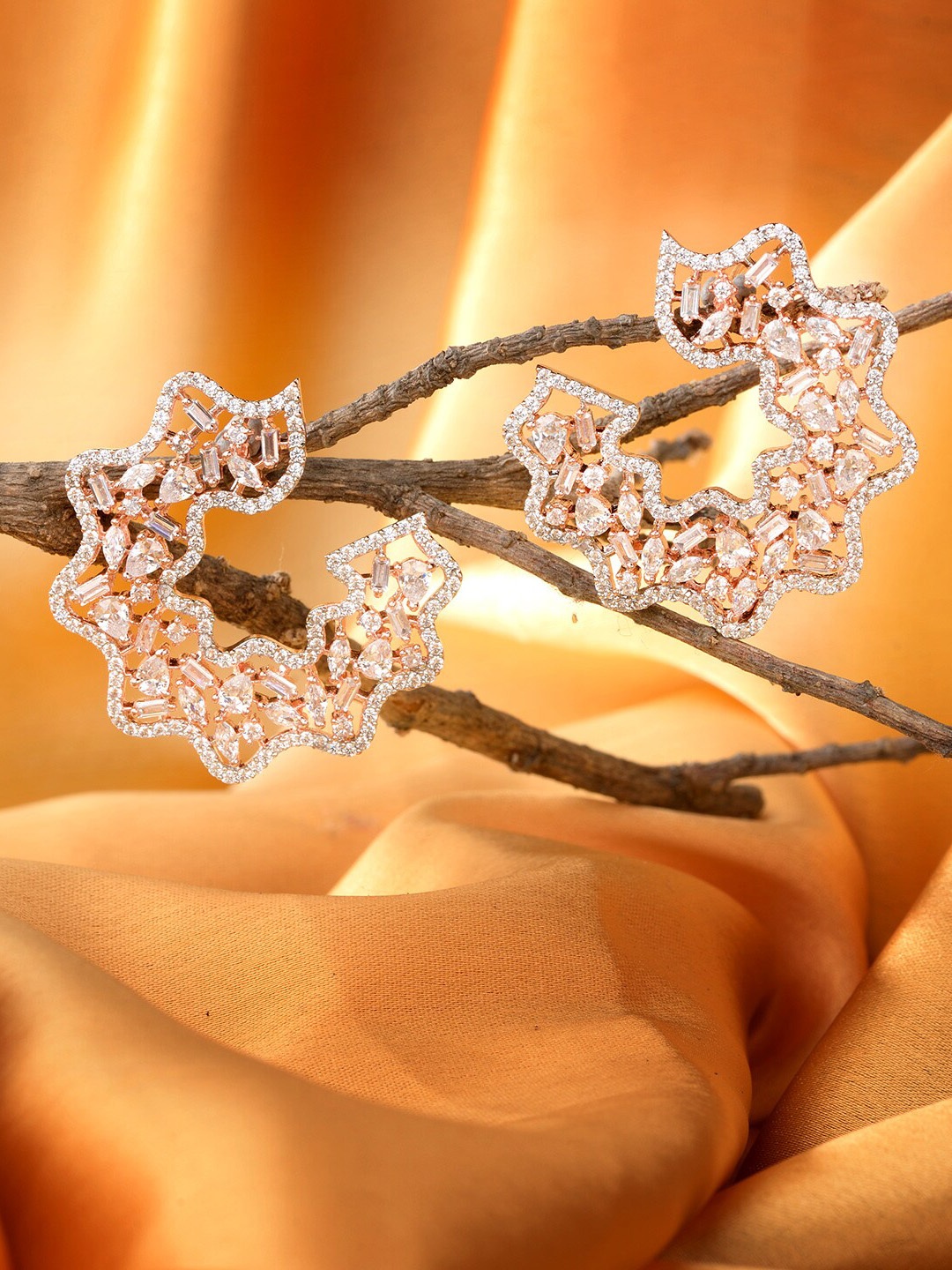 

Saraf RS Jewellery White & Rose Gold-Plated AD Crescent Shaped Studs