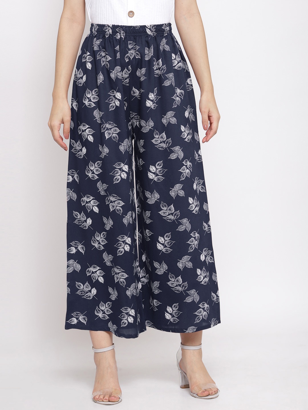 

KLOTTHE Women Navy Blue & Grey Floral Printed Knitted Cropped Palazzos