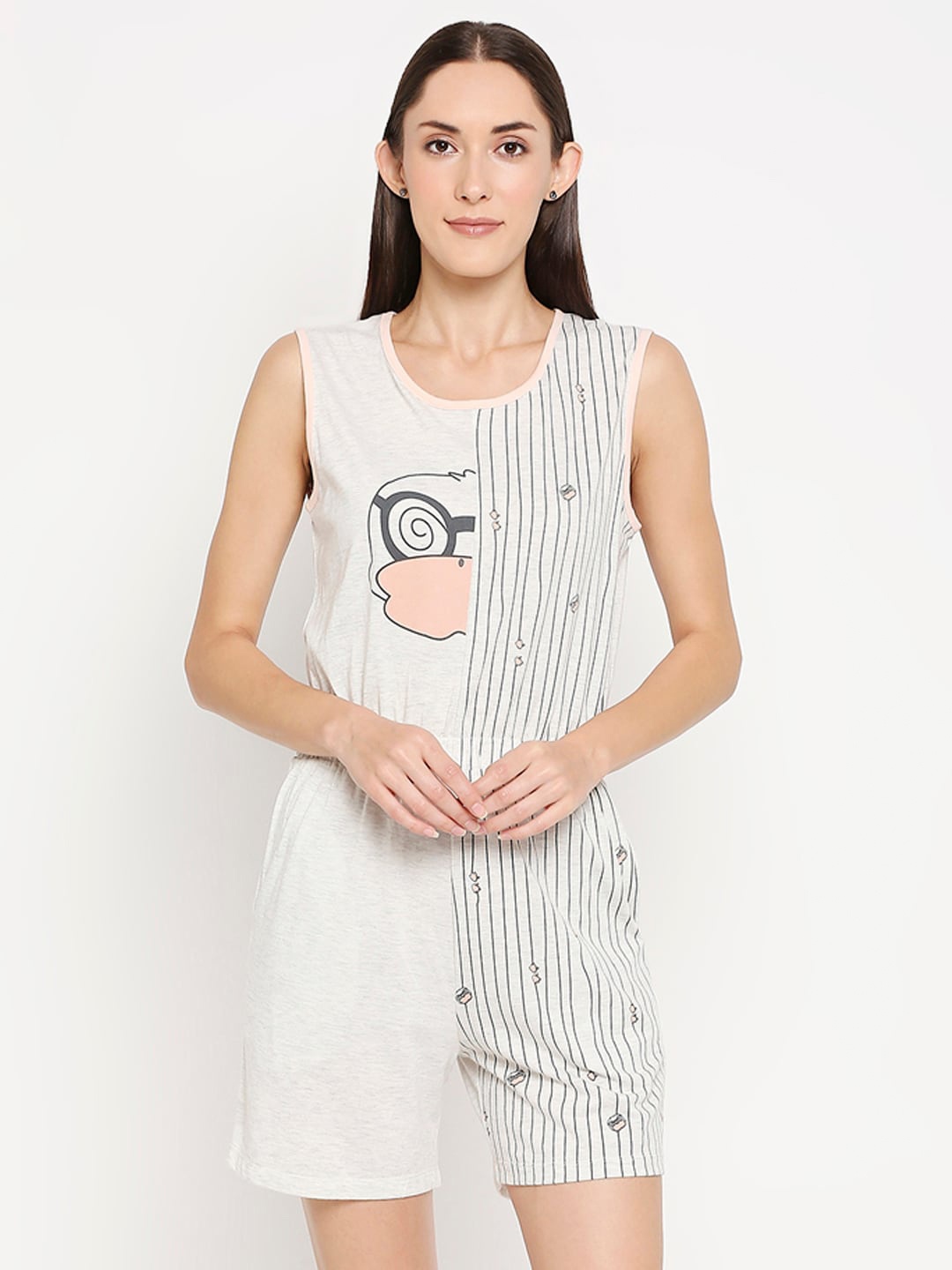 

XIN Women Grey Melange & Pink Printed Playsuit