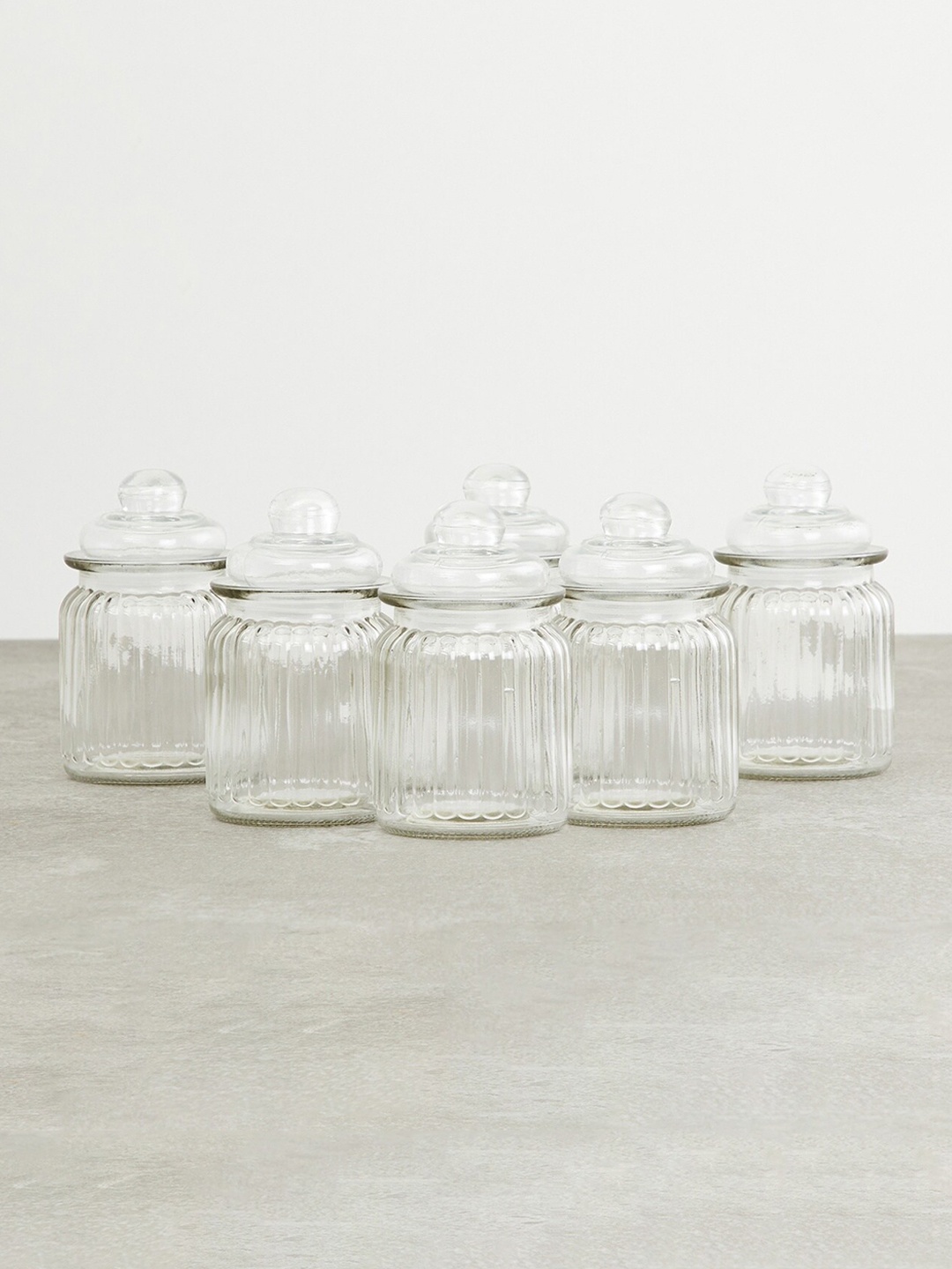 

Home Centre Set Of 6 Transparent Air-Tight Textured Glass Storage Jars