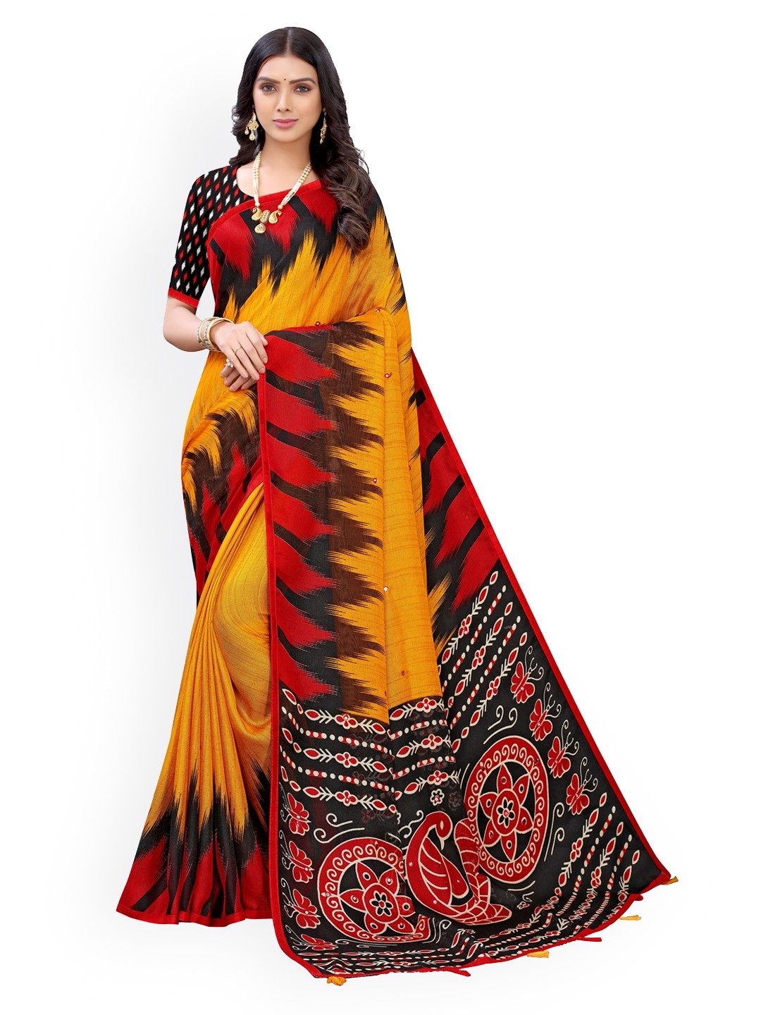 

KALINI Mustard Ethnic Motifs Mirror Work Jute Cotton Saree