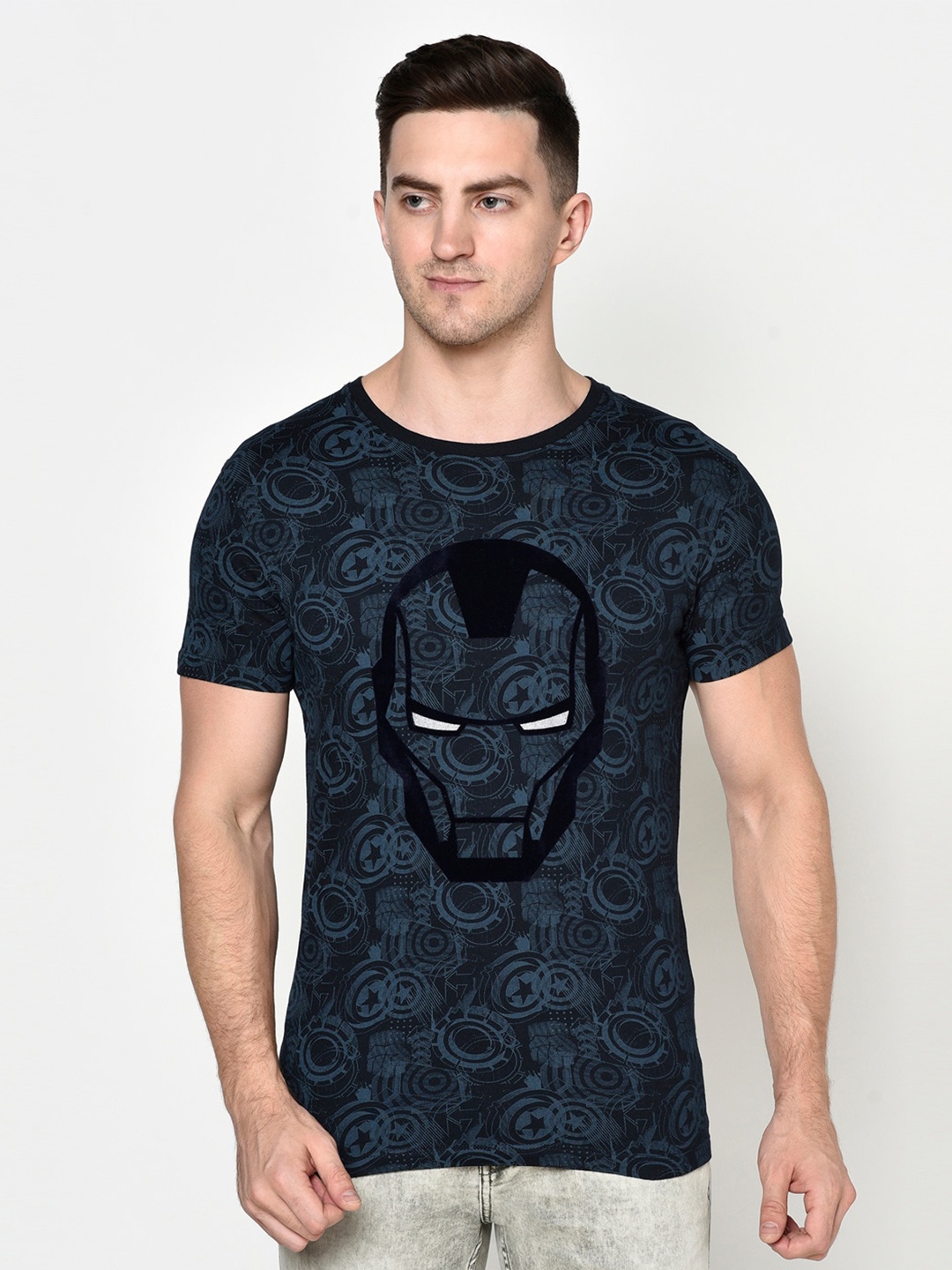 

Octave Men vy Blue Printed Raw Edge T-shirt, Navy blue