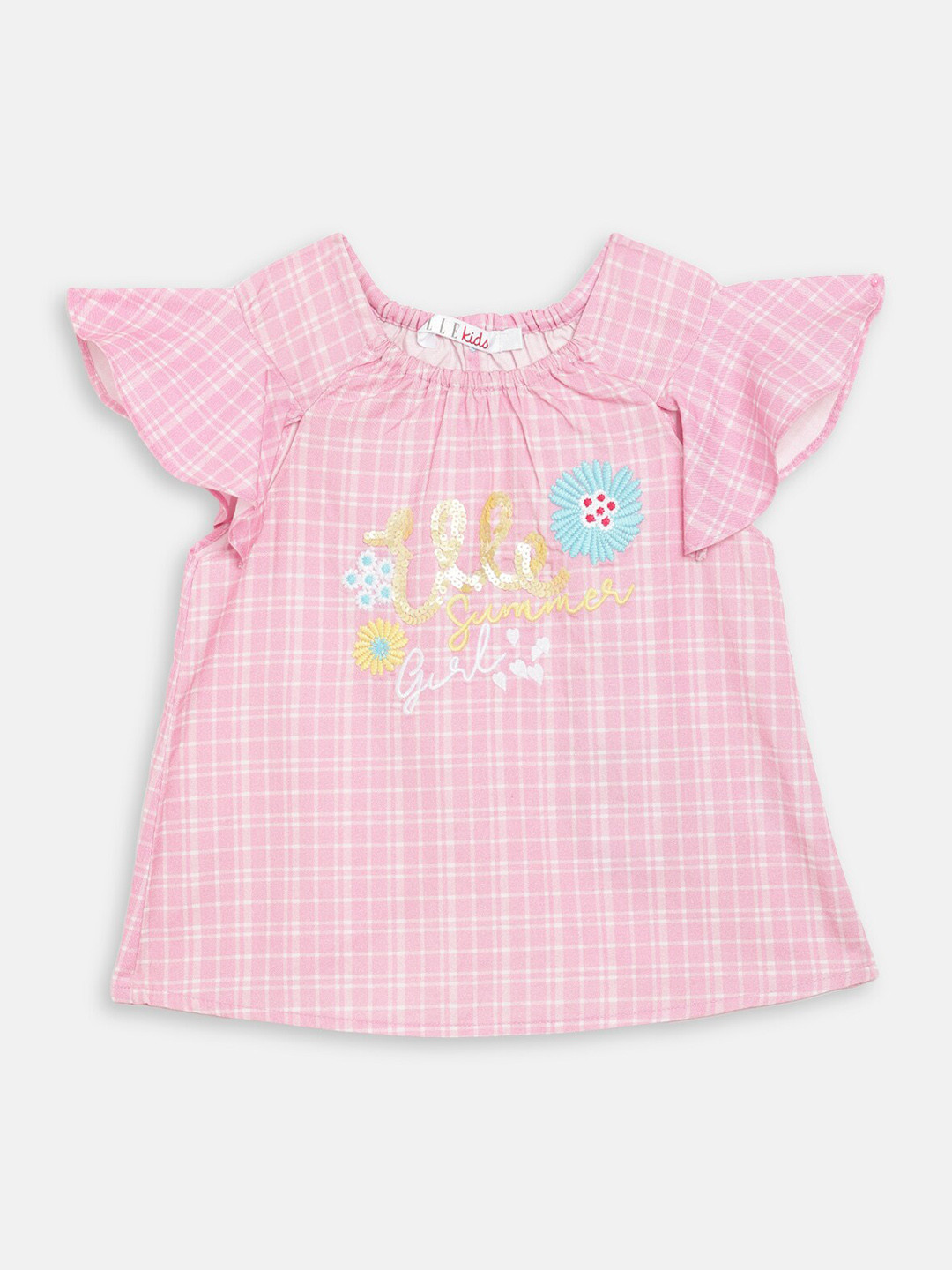 

ELLE Pink & White Checked Flutter Sleeve A-Line Top