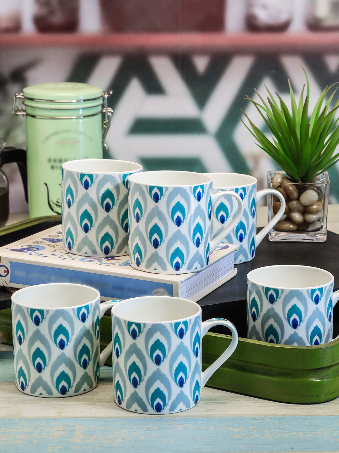 GOODHOMES White Printed Set of 6 China Tea & Coffee Mugs